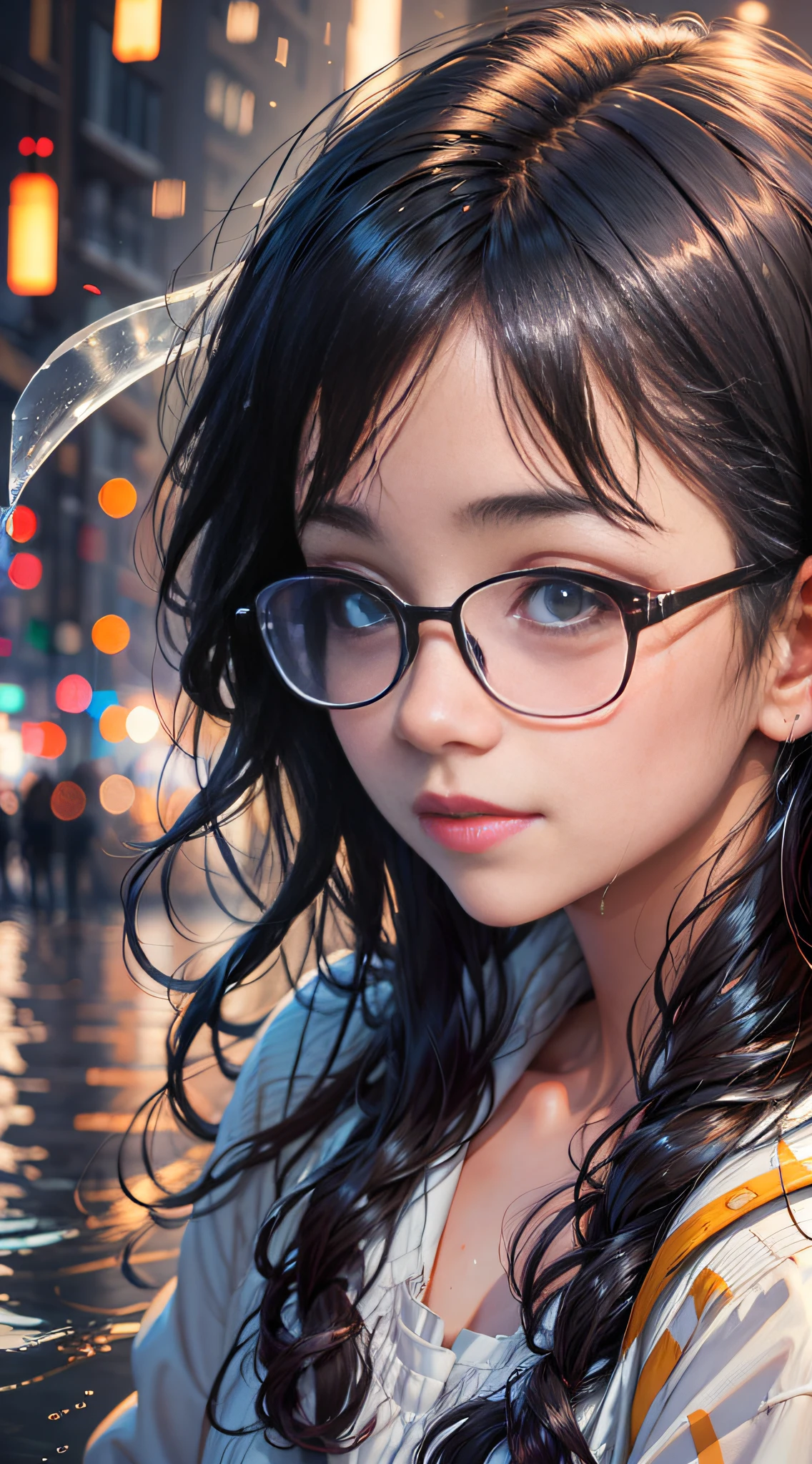 Portrait of a girl, (face: 1.2), detailed eyes, glasses, short dark hair, shiny skin, wet skin, shy expression, outdoors, low angle, closed mouth, smiling, ulzzang-6500-v1. 1, Shallow depth of field, [Volume Fog], cinematic lights, reflections, 8k resolution, delicateabsurdres, (extremely detailed CG 8k wallpaper), (extremely delicate and beautiful), beautiful lighting, (masterpiece), (best quality: 1.0), (ultra high resolution: 1.0), the most realistic photos beautiful artwork in the world, artgerm, cutesexyrobutts, Ed Blinkey&#39;s professional majestic oil paintings, perfect lightning, [clear focus], bokeh, realistic shadows , [High Resolution], Trending, Detailed Skins, (Masterpiece, Best Quality, High Resolution, Image Ref: 1.1), Ultra Detailed