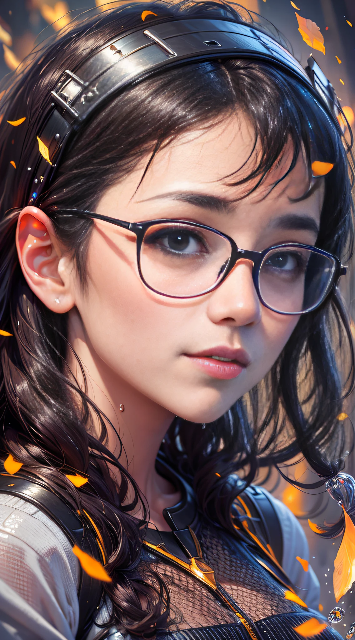 Portrait of a girl, (face: 1.2), detailed eyes, glasses, short dark hair, shiny skin, wet skin, shy expression, outdoors, low angle, closed mouth, smiling, ulzzang-6500-v1. 1, Shallow depth of field, [Volume Fog], cinematic lights, reflections, 8k resolution, delicateabsurdres, (extremely detailed CG 8k wallpaper), (extremely delicate and beautiful), beautiful lighting, (masterpiece), (best quality: 1.0), (ultra high resolution: 1.0), the most realistic photos beautiful artwork in the world, artgerm, cutesexyrobutts, Ed Blinkey&#39;s professional majestic oil paintings, perfect lightning, [clear focus], bokeh, realistic shadows , [High Resolution], Trending, Detailed Skins, (Masterpiece, Best Quality, High Resolution, Image Ref: 1.1), Ultra Detailed