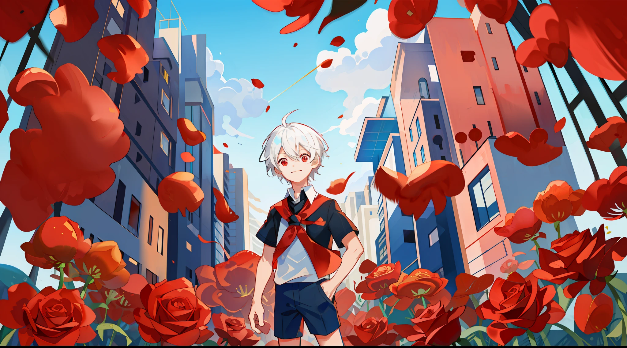 (high-quality, breathtaking),(expressive eyes, perfect face), short, young boy, short white hair, red eyes, smiling, black school uniform, wear short shorts, urban setting, sunshine, blue sky, shine, glow, red roses.