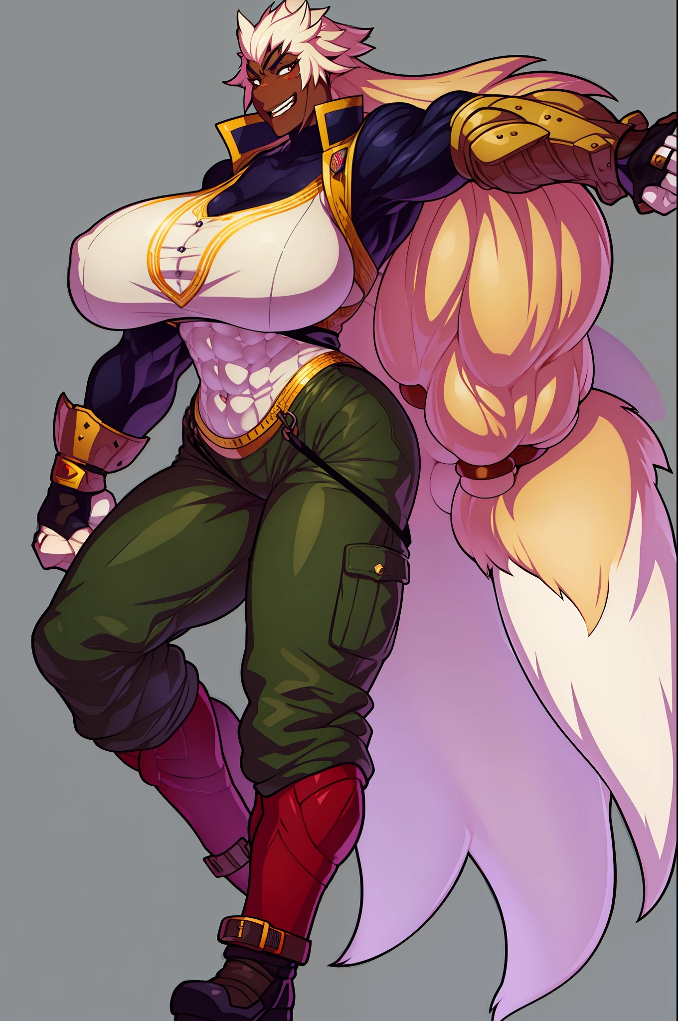 muscle girl,huge breast,, tall female, ,pants, solo focus, 1character, portrait full body,dark skinned female, , vest, coat, walking, medieval clothing, long hair, blond hair,, open mouth smile, revealing cloths, , berserker, warrior,portrait, full body, walking,lingerie