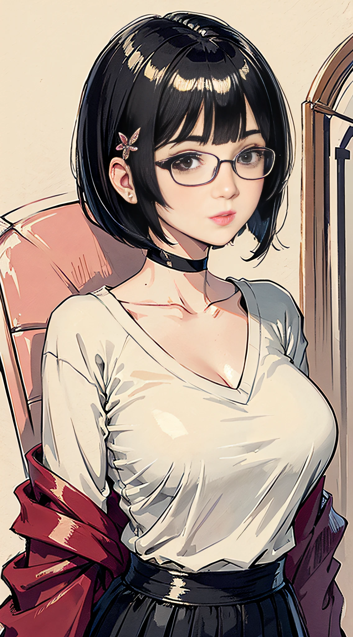 (masterpiece:1.2, best quality), (dinamic lighting) 1lady, solo, short hair, big breasts, (shiny skin:1.2), upper body, glasses, modern, black bob cut hair,, flower on ear, harajuku style, hair pin, , v neck sweater, scar on eye