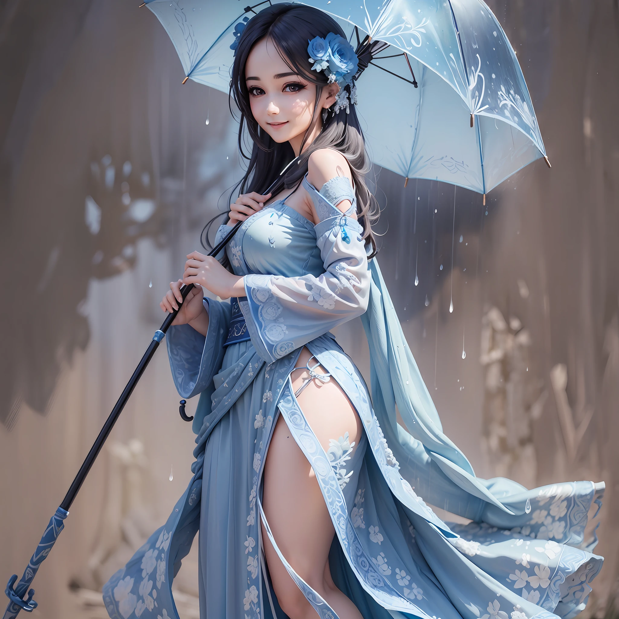 High definition, high quality, detailed face, detailed body rendering, ink painting, ancient style, girl in blue and white long dress, holding an umbrella, looking back and smiling, light rain --auto --s2