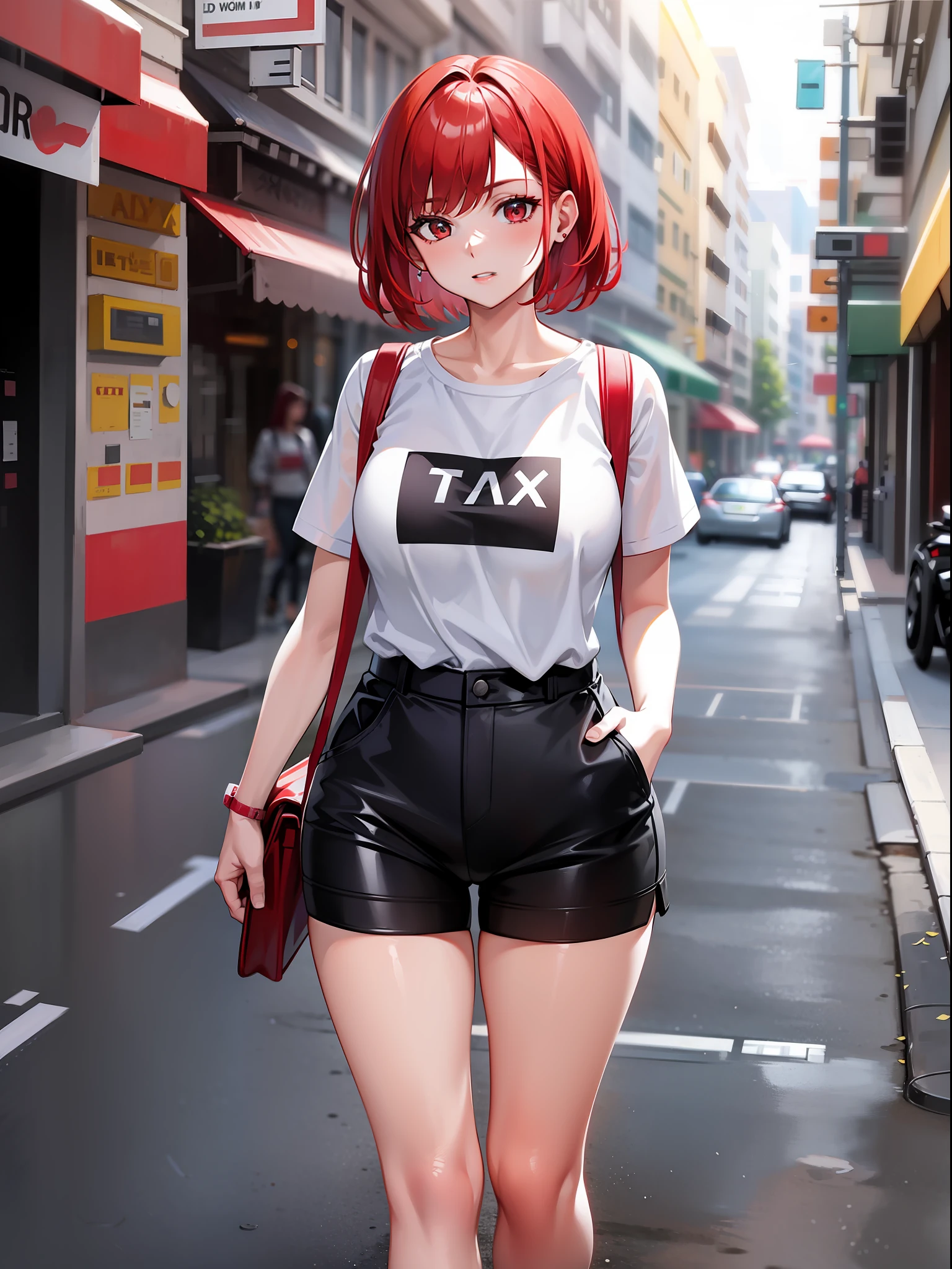 Red hair short-haired, white collar sleeve short clothes, shorts, pantyhose, girl, outdoor, tech sneakers