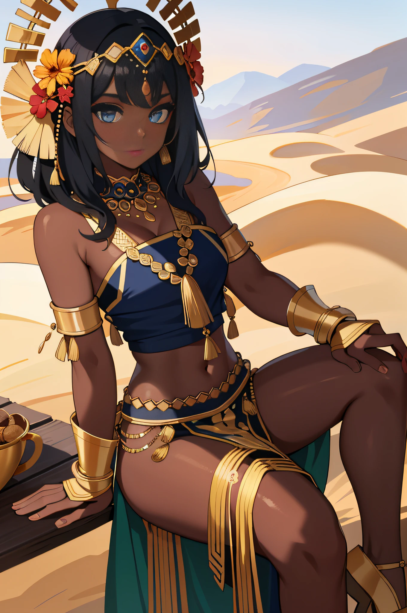 (Masterpiece: 1.2), (Best Quality: 1.2), Perfect Eyes, Perfect Face, Perfect Lighting, Photography, 1girl, SSAHC, Dark Skin, Lower Breasts, Navel, Sleek Abdomen, Colorful Tribal Dress, Headdress, Thick Eyelashes, Makeup, Eyeshadow, Medium Hair, Oasis, Desert Detail Outdoor Background, Ref, Professional Lighting