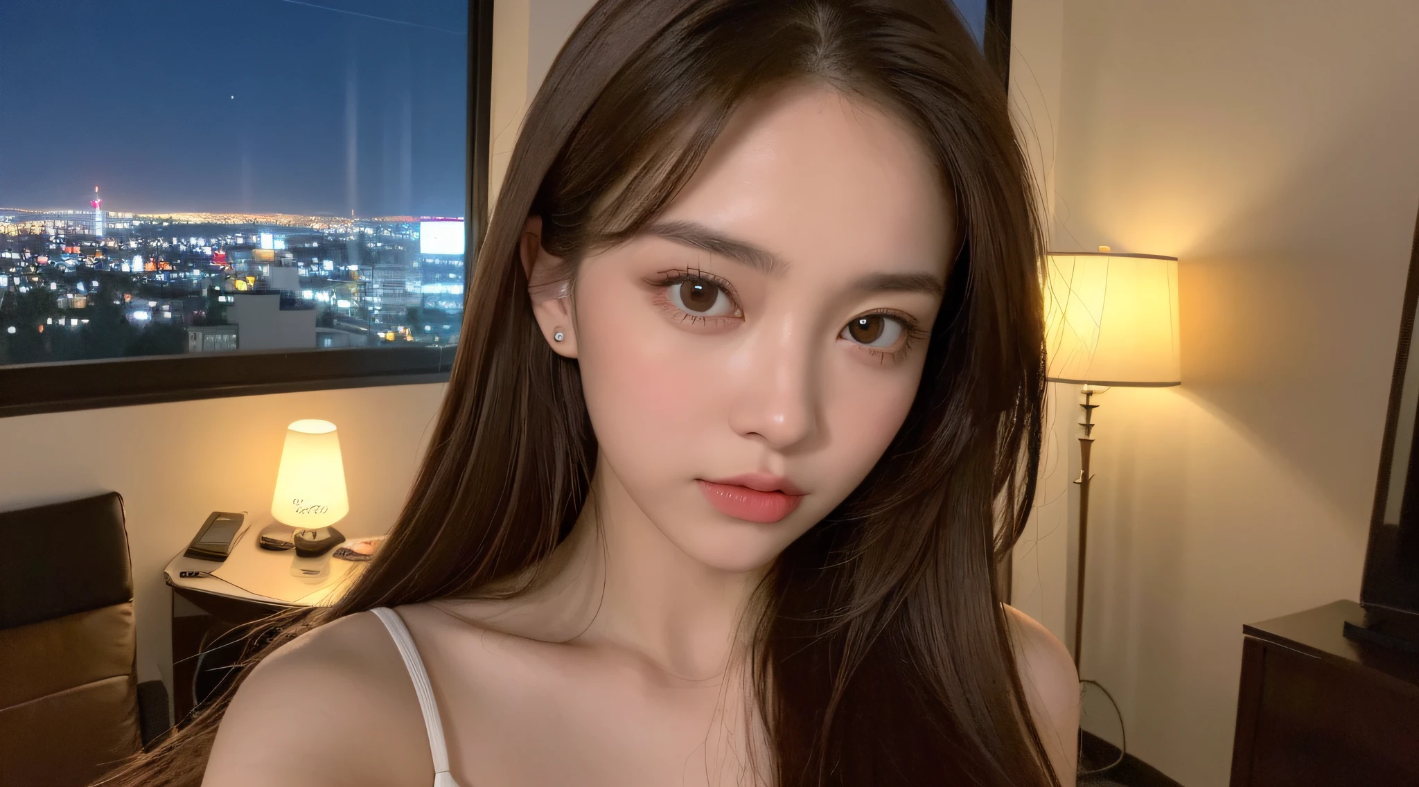 ((Night view, realistic light, best quality, 8k, masterpiece: 1.3)), 1 girl, beautiful woman with a slim figure: 1.4, (brown hair, small breasts: 1.3), miniskirt: 1.3, home, ultra-detailed face, detailed eyes, double eyelids, shy: 1.8,