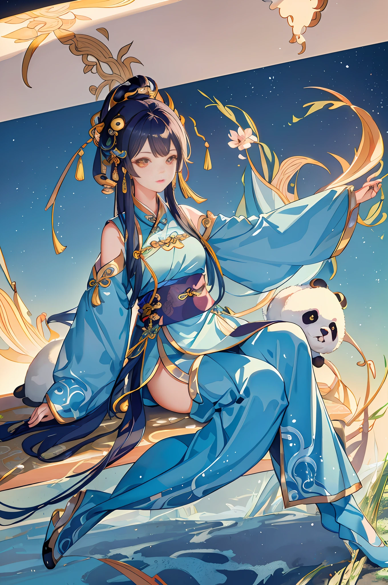 Masterpiece, Professional Lighting, Photon Mapping, Light Energy Transfer, Physically Based Rendering, 1 Girl, Full Body, Absurd, High Resolution, Skyline, Beautiful Detailed Sky, Overlay, (Hanfu, Ming Style), Yellow Eyes, Panda, Cute, Full of Vitality, Handsome, 1Girl, Panda Element, Panda, Anatomical Position Correct, Hand Position Correct