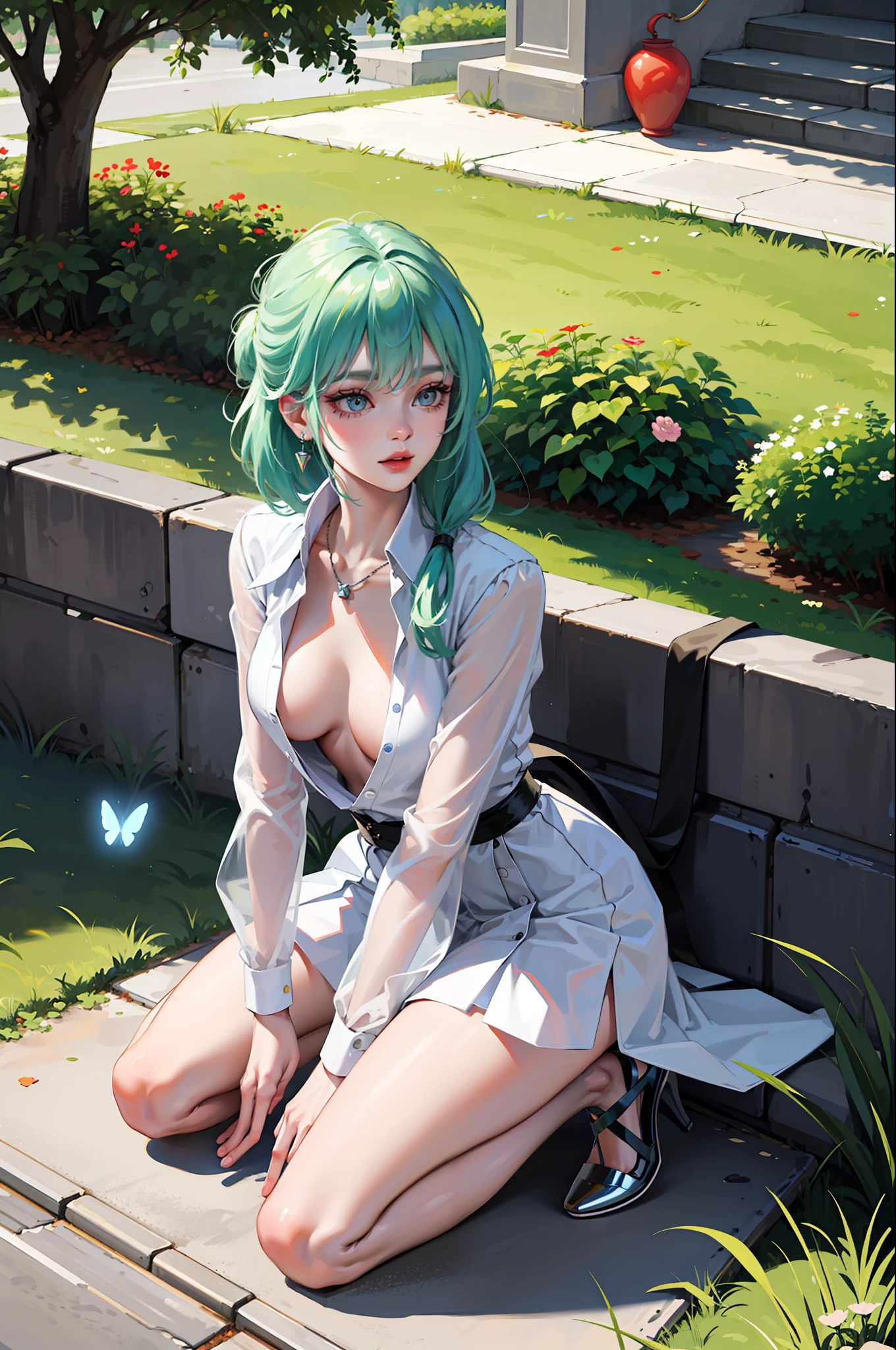(Best Quality, 8k, Masterpiece), (A Beautiful Maiden, Long Light Green Hair, Long Messy Hair, Big Eyes: 1.3, Long Eyelashes, Delicate Makeup: 1.4, Sexy Lips, Blush), (Exquisite Watch, Silver Reflective Heart-shaped Necklace, Bulgari Earrings, Bulgari Ring), Black Patent Leather Short Coat, (Sitting on a park bench with built leaves and flowers behind her), (Wearing a white shirt with 2 buttons open, medium chest), black oily transparent pantyhose, hip skirt, (sitting and bending over, taking off your shoes with your hands, exposing your feet), Best Light, Best Shadows, Movie Lighting, 26 years old, 1girl, Acura, (Real skin, supple skin) ray tracing, Unreal Engine 5, Reflective skin, Digital illustrations, Game CG characters, supermodel, (Kpop, idol), (surrounded by colorful butterflies flying, a bunch of butterflies), wind blowing hair, wearing headphones listening to songs, looking into the distance, in the city, someone behind you rowing, There are balloons flying up and there are a lot of beautiful bubbles