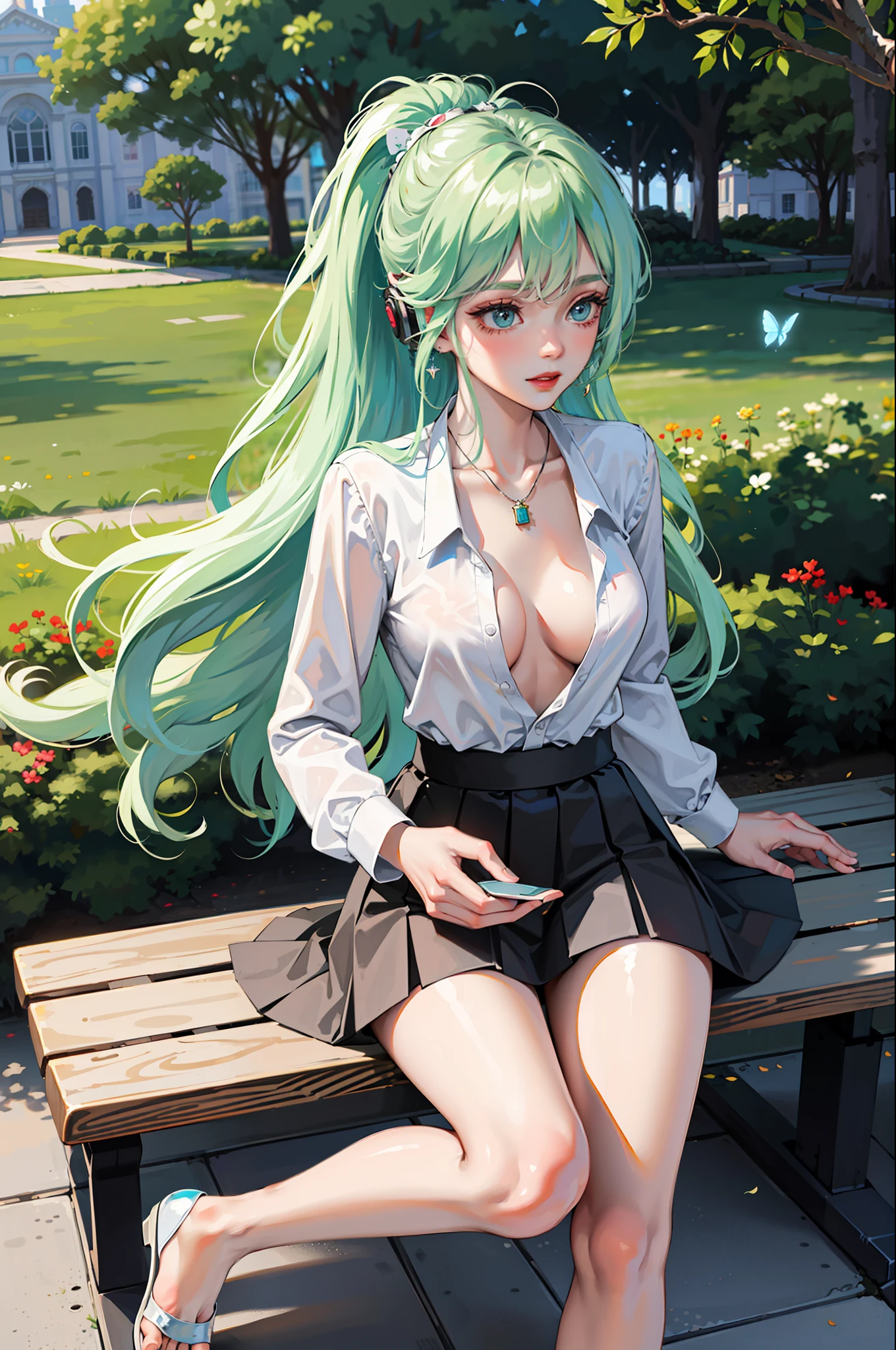 (Best Quality, 8k, Masterpiece), (A Beautiful Maiden, Long Light Green Hair, Long Messy Hair, Big Eyes: 1.3, Long Eyelashes, Delicate Makeup: 1.4, Sexy Lips, Blush), (Exquisite Watch, Silver Reflective Heart-shaped Necklace, Bulgari Earrings, Bulgari Ring), Black Patent Leather Short Coat, (Sitting on a park bench with built leaves and flowers behind her), (Wearing a white shirt with 2 buttons open, medium chest), black oily transparent pantyhose, hip skirt, (sitting and bending over, taking off your shoes with your hands, exposing your feet), Best Light, Best Shadows, Movie Lighting, 26 years old, 1girl, Acura, (Real skin, supple skin) ray tracing, Unreal Engine 5, Reflective skin, Digital illustrations, Game CG characters, supermodel, (Kpop, idol), (surrounded by colorful butterflies flying, a bunch of butterflies), wind blowing hair, wearing headphones listening to songs, looking into the distance, in the city, someone behind you rowing, There are balloons flying up and there are a lot of beautiful bubbles