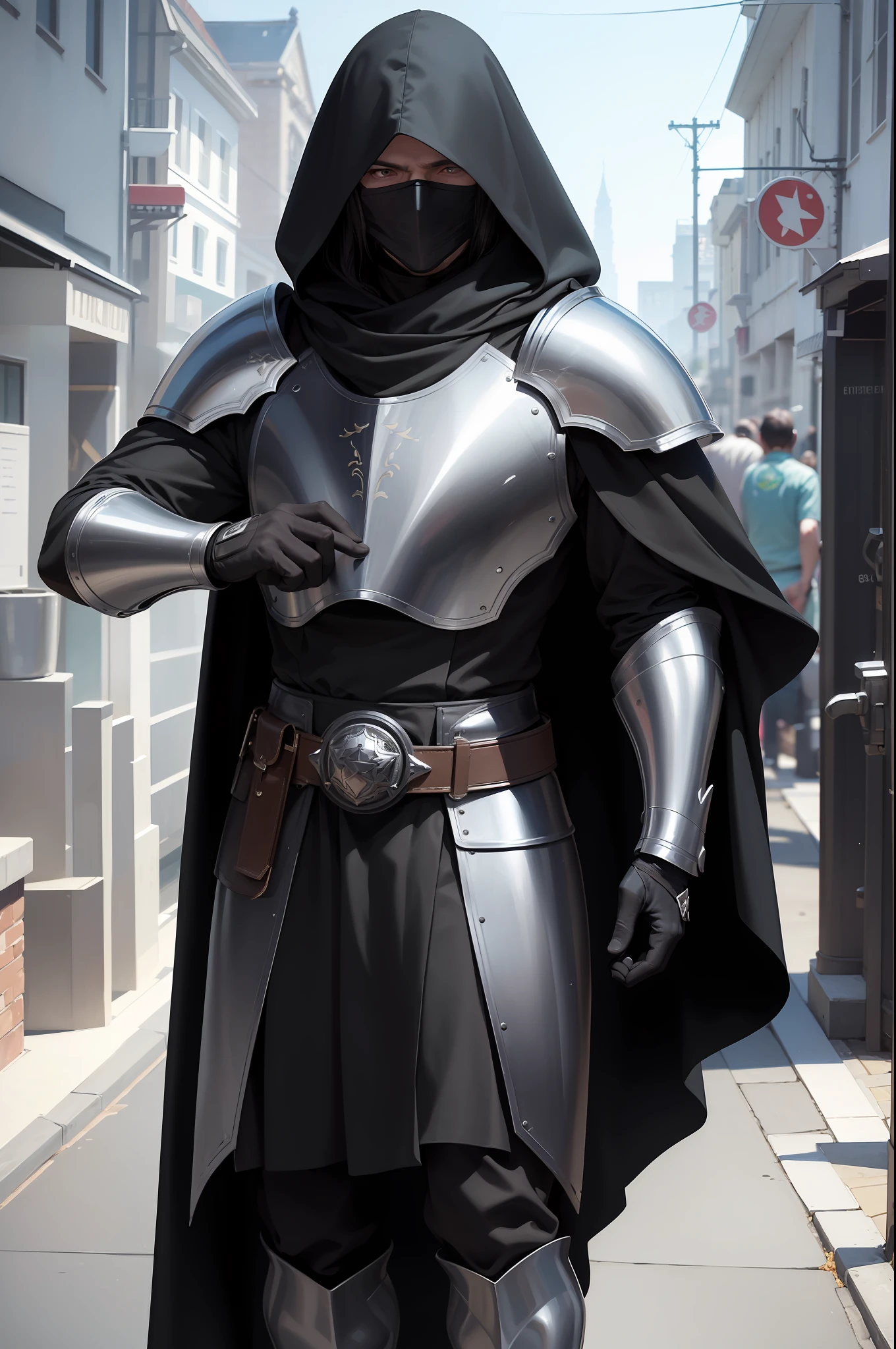 ((8k:1.27), highest quality, masterpiece, super high definition: 1.2), photorealistic man, wearing a Western-style jet black iron mask covering his face, armor and cloak