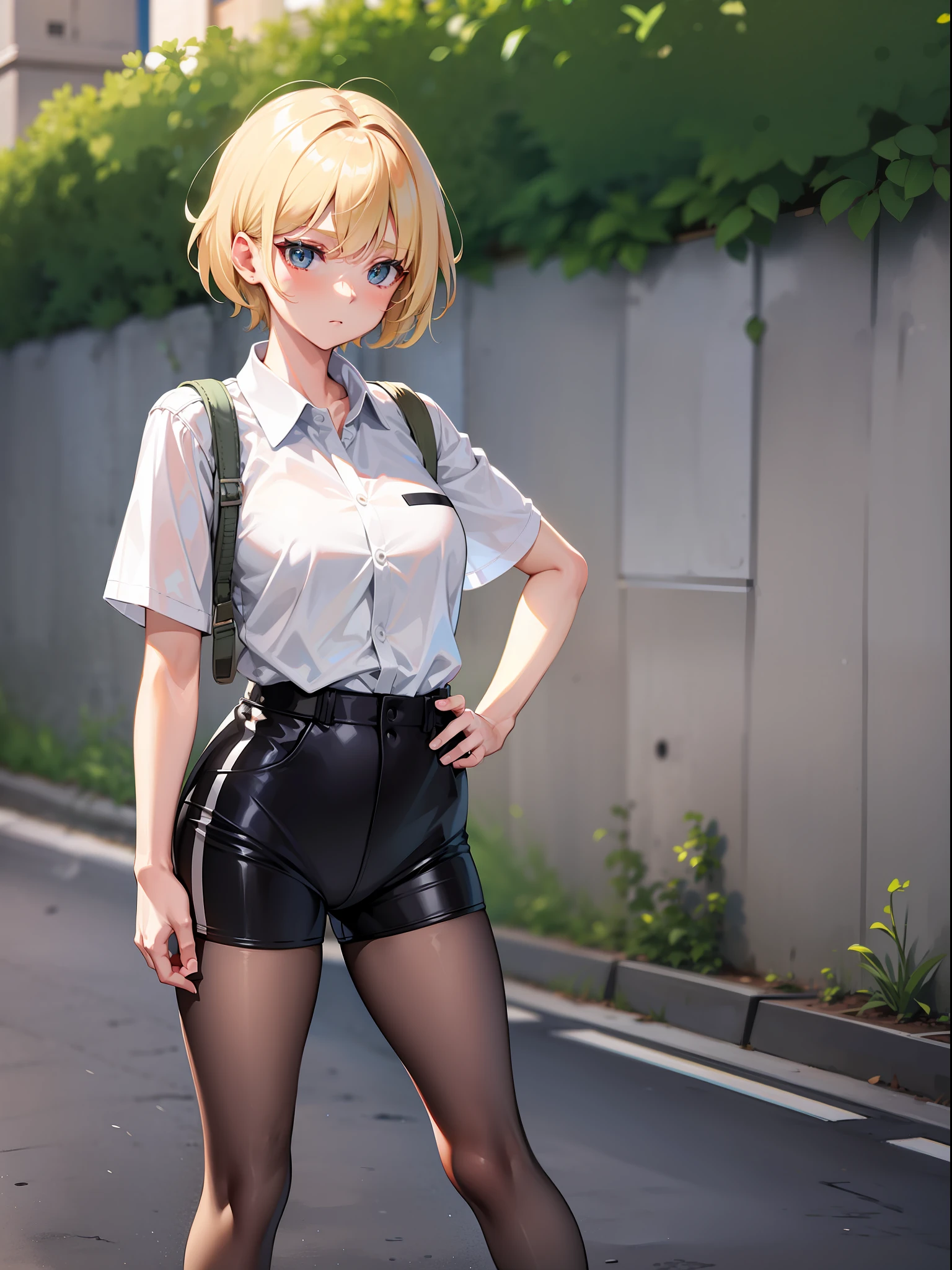 Blonde short-haired, short clothes with white collar sleeves, shorts, pantyhose, girl, outdoor, tech sneakers