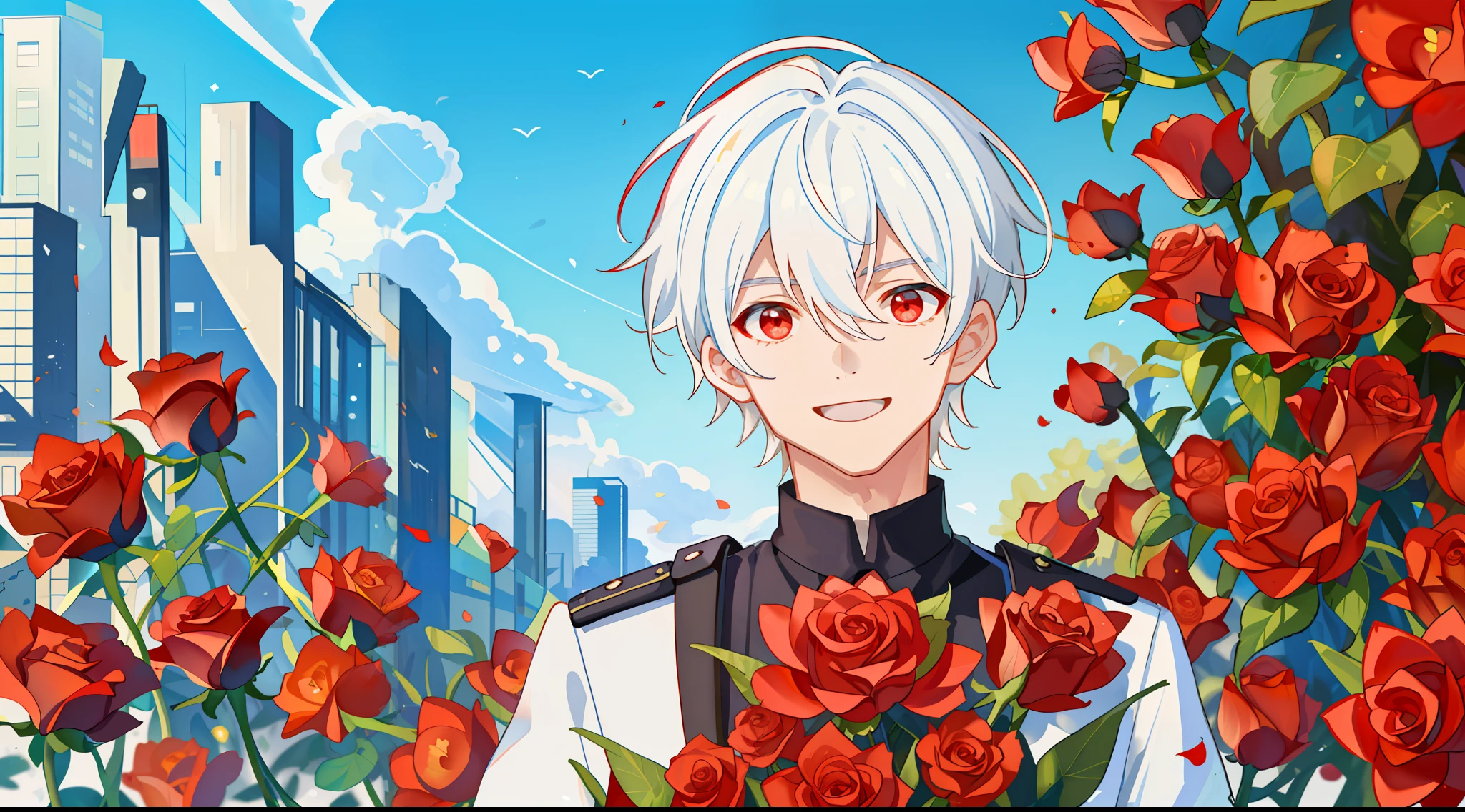 (high-quality, breathtaking),(expressive eyes, perfect face), 1boy, solo, short, young boy, short white hair, red eyes, smiling, black school uniform, wear short shorts, urban setting, sunshine, blue sky, shine, glow, red roses.