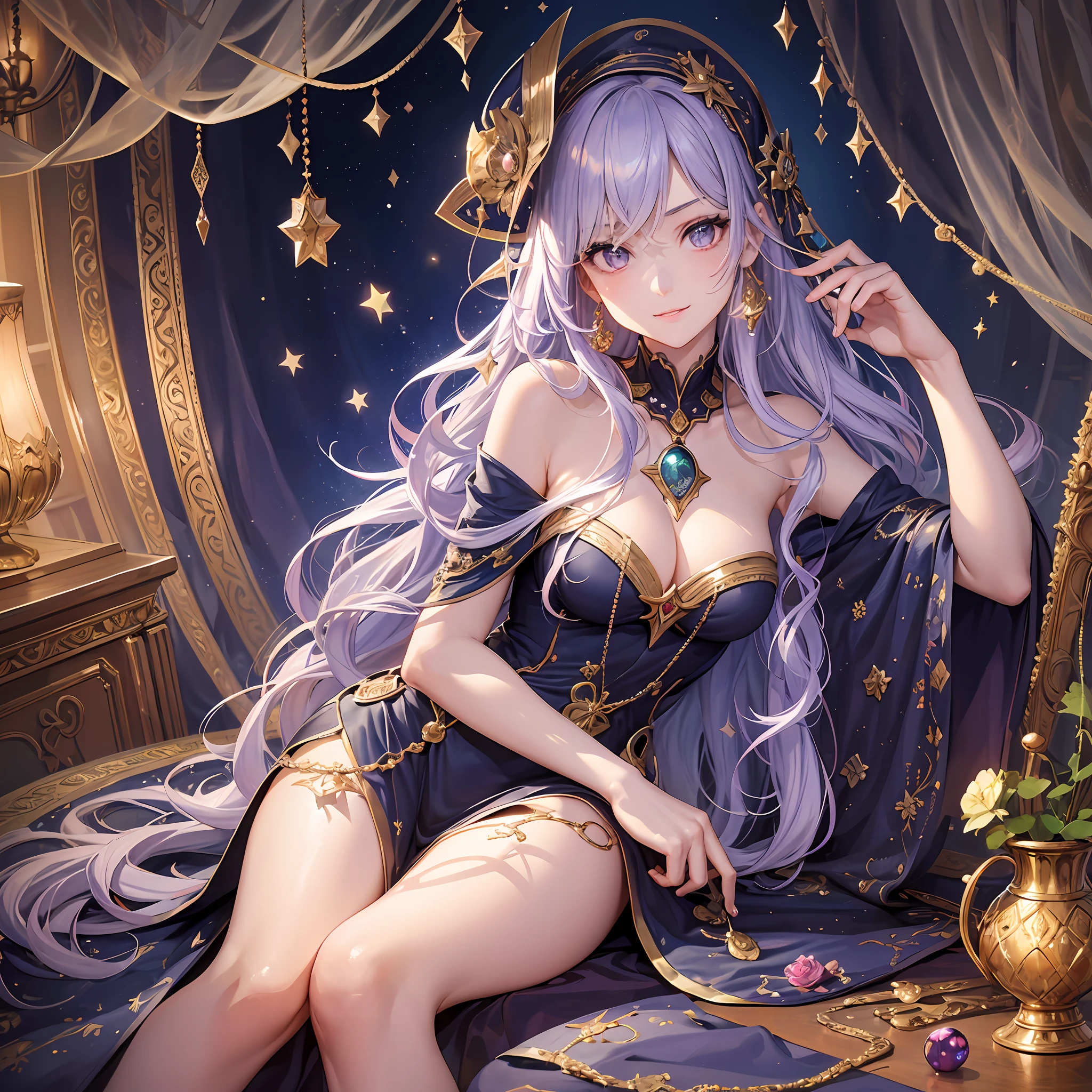 (masterpiece, top quality, highest quality, official art, beautiful and aesthetic: 1.2), (1 girl: 1.3), wavy long hair, lilac hair, very detailed, portrait, look at the viewer, solo, (full body: 0.6), detailed background, close-up, glowing eyes, (cold arctic winter theme: 1.1), fortuneteller, charlatan, grinning, mysterious, sitting at the table, Colorful shoulderless loose gypsy fortune teller clothes, chalice, tarot cards, crystal balls, medieval (tent interior: 1.1) background, tent curtains on background, dark mystical lighting, shadows, magical atmosphere, starry night, Dutch angle, healing and guidance,wakawe,wakame,wakame, wakame,wakame, wakame,wakame, wakame,wakame, wakame,wakame,