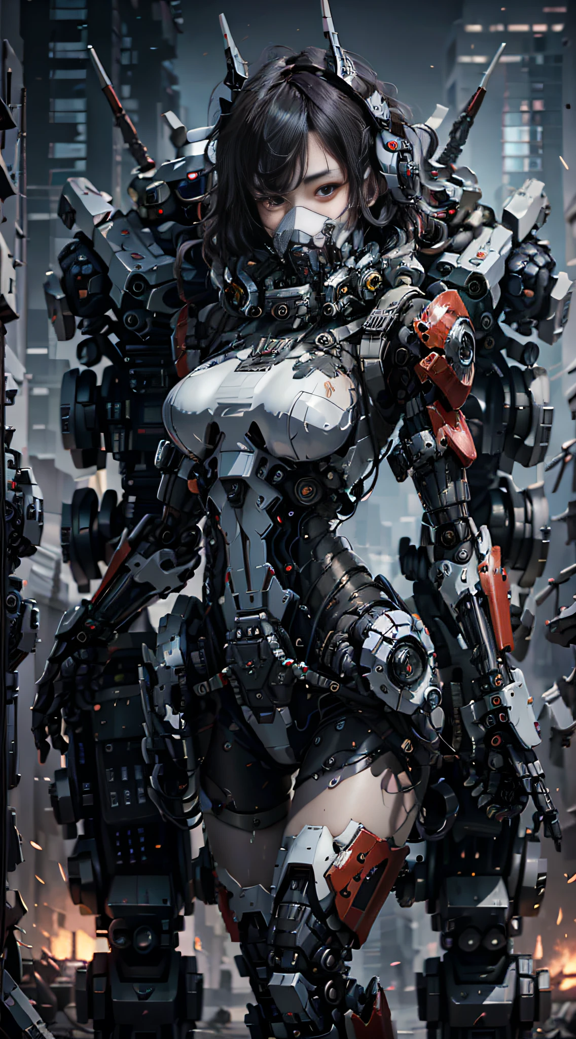 This is a CG Unity 8k wallpaper with ultra-detailed, high-resolution and top quality in cyberpunk style, dominated by black and red. In the picture, a beautiful girl with short hair in white messy hair, a delicate face, wearing a steam mecha mask, standing on the ruins, behind her is a huge robot, and the action of a woman holding a heavy sniper rifle in her hand, sexy shape