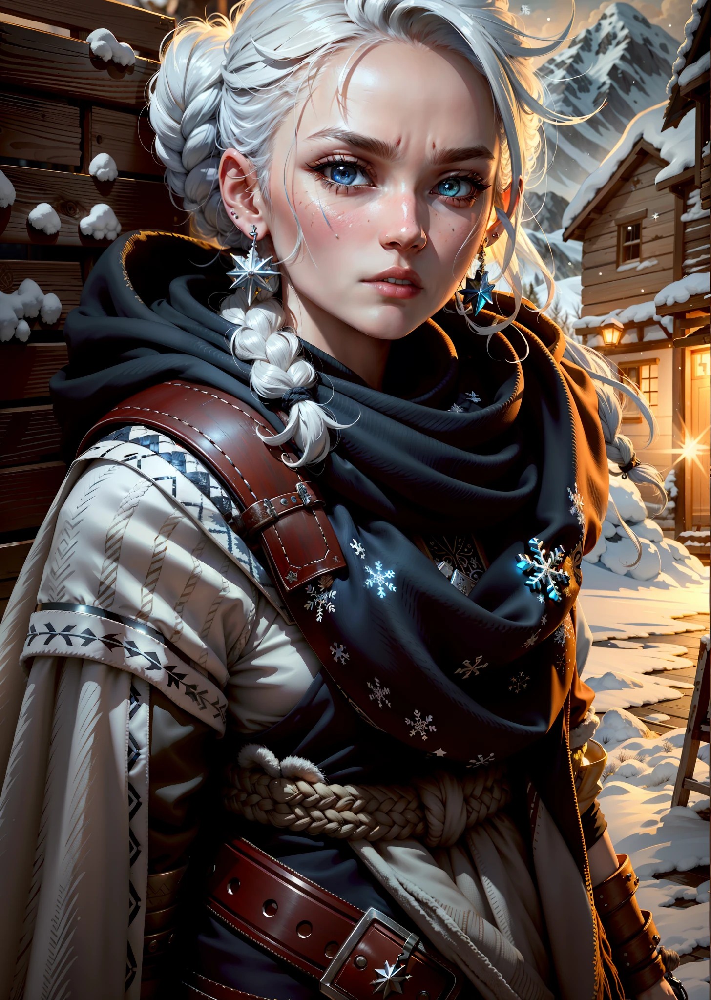 person with a sword and a scarf all detailed with snowflakes, long hair braided to the waist, hair over the shoulder, long hair, braided hair (viking style), closeup of character art, closed mouth, angry lips, mother of witches, serious face, serious expression, very white skin, bright white hair, huge hair, loose hair,  viking style hair, portrait of a hunter, female rogue portrait, stunning character art, explorer, epic exquisite character art, ciri, painted character portrait, cyberpunk shading, white lips, black paint scratch in the middle of the lower lip, very light skin almost white, cold clothes, in the background an ice village, snowstorm in the background,  village in the background, frozen fauna and flora, white iris, piercing eyes, extremely detailed eyes, extremely detailed teeth, small earrings shiny silver snowflake, cute earrings, small earring, snowflake drawing earrings, piercing on the top of the ear, piercings ring, scratch of face painting on the lower lip, ears of human being,half-closed eye, turn pale,  heavy breathing, endured face, determined, hair ornament, messy hair, lens flare, overexposure, cinematic lighting, sparkle, ray tracing, reflection light, backlighting, film grain, UHD, super detail, best quality, textured skin, masterpiece, light battle marks, dirty dust clothing, dirty snow laundry, worn clothing, dirty laundry with few drips of blood, film granulation, brave look to the right