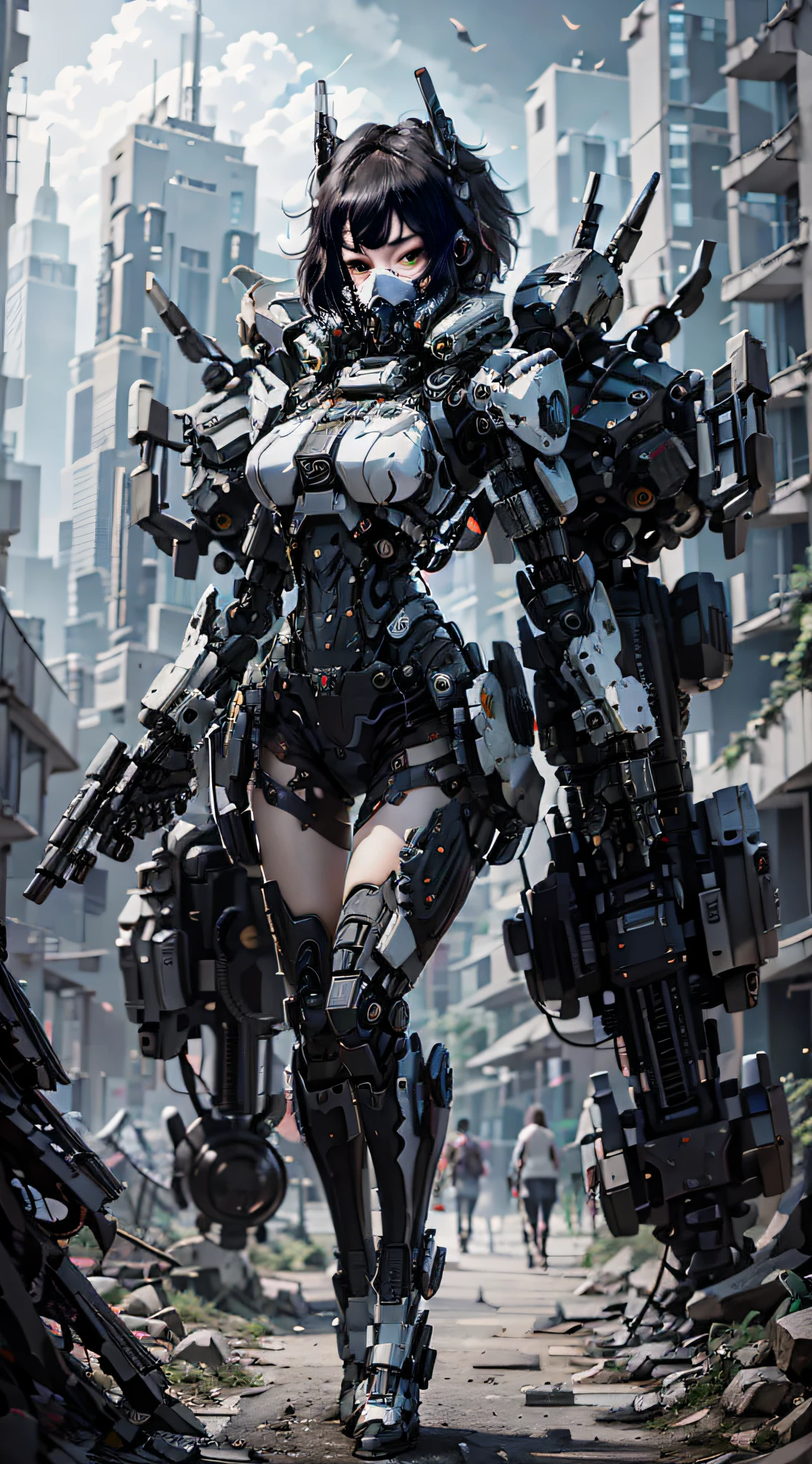 This is a CG Unity 8k wallpaper with ultra-detailed, high-resolution and top quality in cyberpunk style, dominated by black and red. In the picture, a beautiful girl with short hair in white messy hair, a delicate face, wearing a steam mecha mask, standing on the ruins, behind her is a huge robot, and the action of a woman holding a heavy sniper rifle in her hand, sexy shape