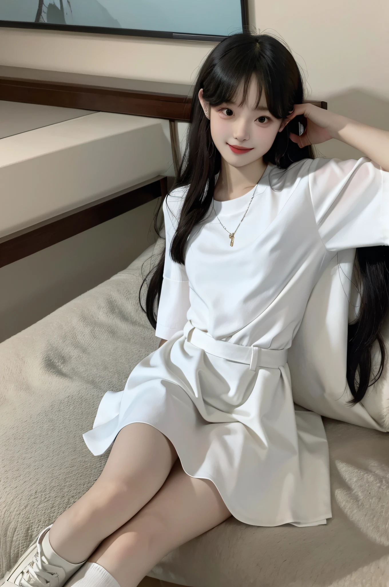 White dress, short sleeve shirt, 1girl, slender legs, small white shoes, shy, seductive smile, standing, standing