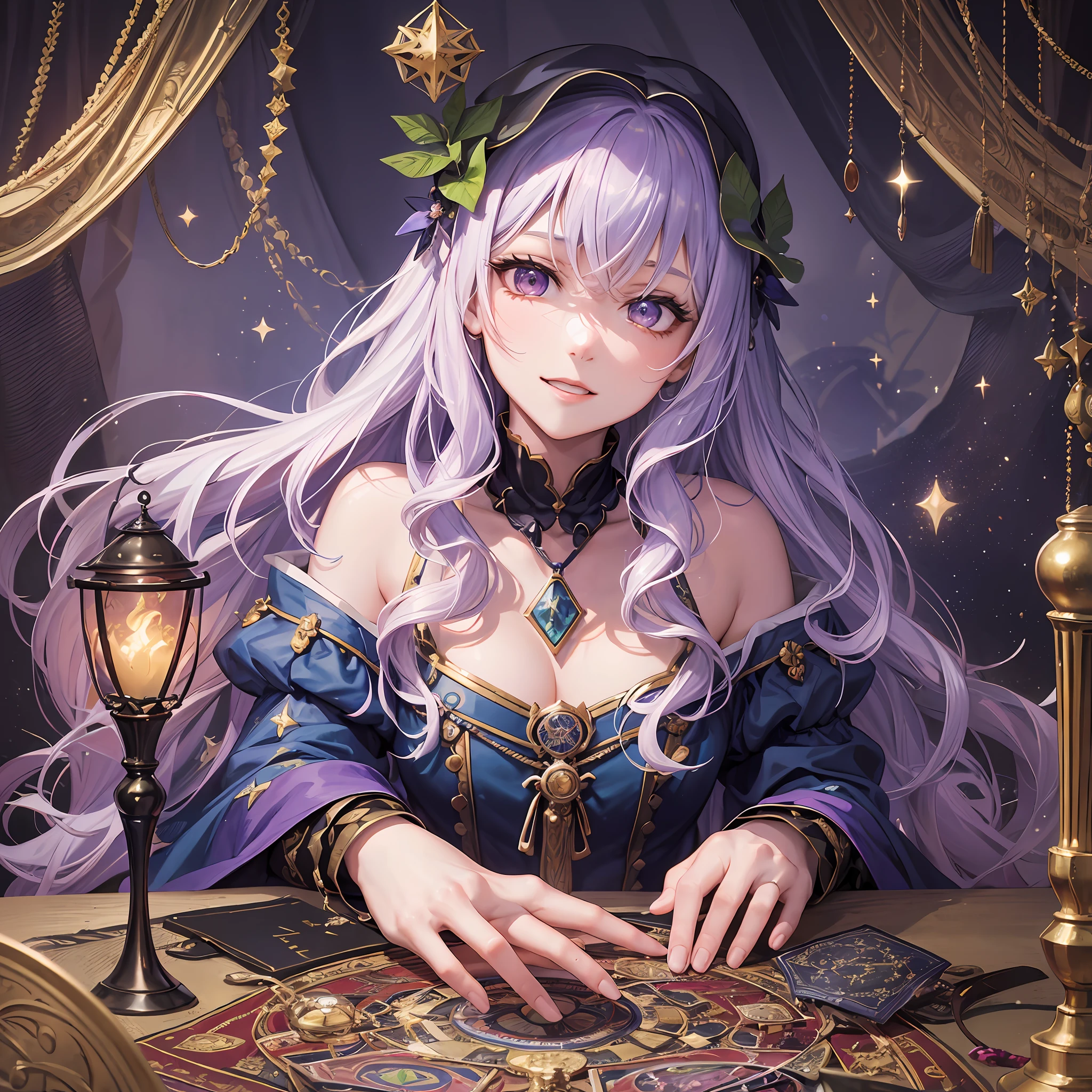 (masterpiece, top quality, highest quality, official art, beautiful and aesthetic: 1.2), (1 girl: 1.3), wavy long hair, lilac hair, very detailed, portrait, look at the viewer, solo, (full body: 0.6), detailed background, close-up, glowing eyes, (cold arctic winter theme: 1.1), fortuneteller, charlatan, grinning, mysterious, sitting at the table, Colorful shoulderless loose gypsy fortune teller clothes, chalice, tarot cards, crystal balls, medieval (tent interior: 1.1) background, tent curtains on background, dark mystical lighting, shadows, magical atmosphere, starry night, Dutch angle, healing and guidance,wakawe,wakame,wakame, wakame,wakame, wakame,wakame, wakame,wakame, wakame,wakame,