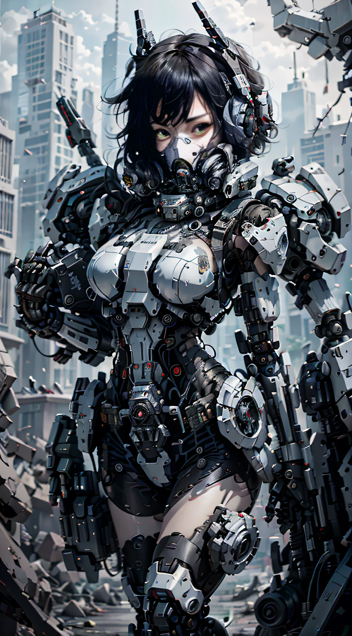 This is a CG Unity 8k wallpaper with ultra-detailed, high-resolution and top quality in cyberpunk style, dominated by black and red. In the picture, a beautiful girl with short hair in white messy hair, a delicate face, wearing a steam mecha mask, standing on the ruins, behind her is a huge robot, and the action of a woman holding a heavy sniper rifle in her hand, sexy shape
