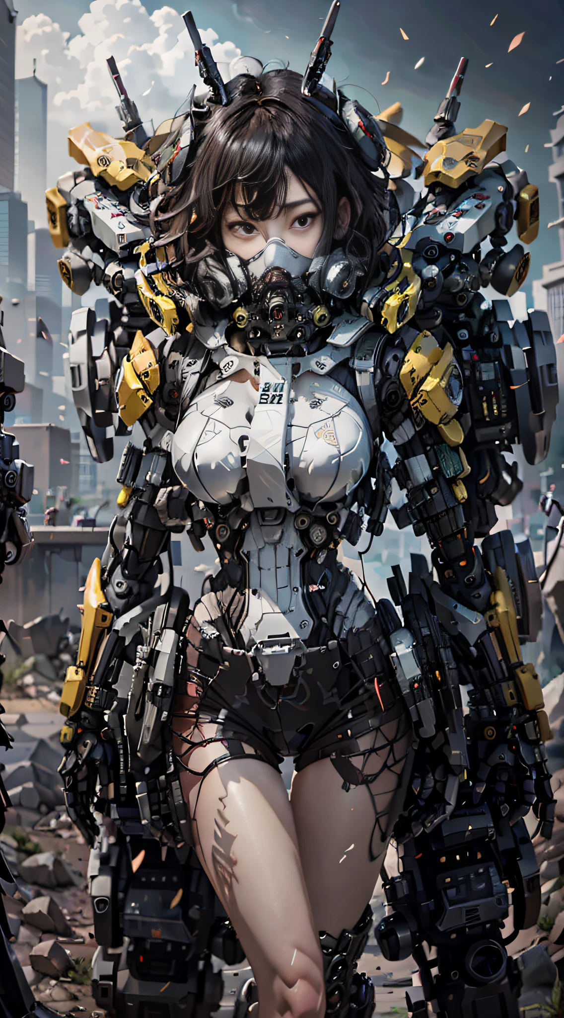 This is a CG Unity 8k wallpaper with ultra-detailed, high-resolution and top quality in cyberpunk style, dominated by black and red. In the picture, a beautiful girl with short hair in white messy hair, a delicate face, wearing a steam mecha mask, standing on the ruins, behind her is a huge robot, and the action of a woman holding a heavy sniper rifle in her hand, sexy shape