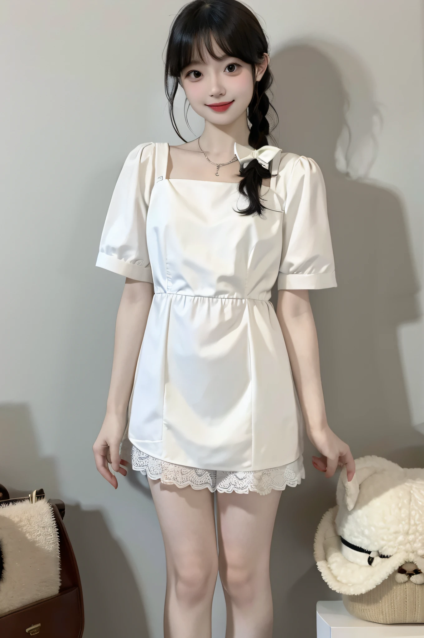 White dress, short sleeve shirt, 1girl, slender legs, small white shoes, shy, seductive smile, standing, standing