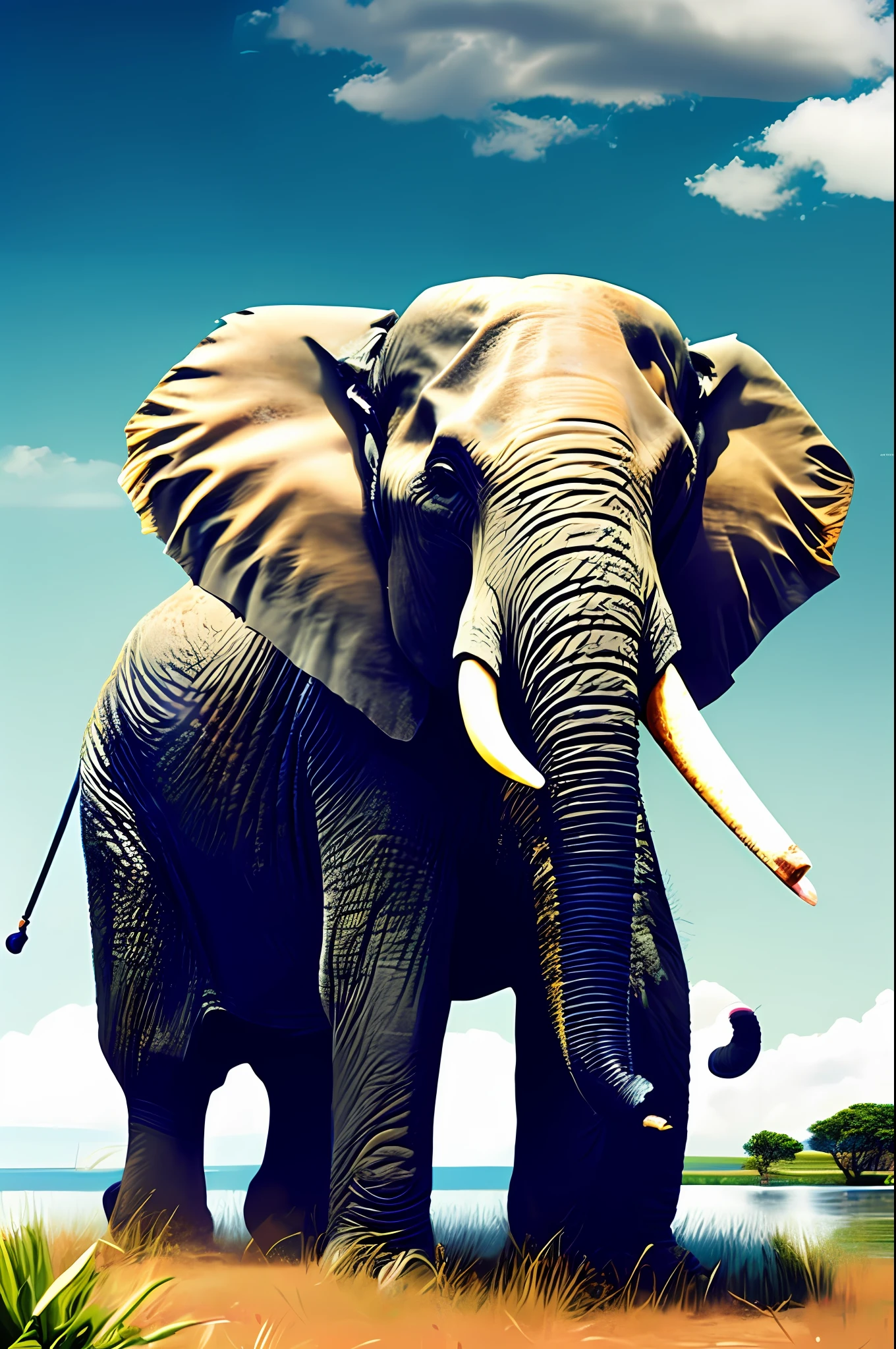 medium eye level deep focus shot of (Elephant:1.2), (beautiful scenery), Subsurface scattering, Rimlight, bokeh background, caustic reflections. art by norman rockwell and (ChemPunk-96 :0.1), smoose-2-500