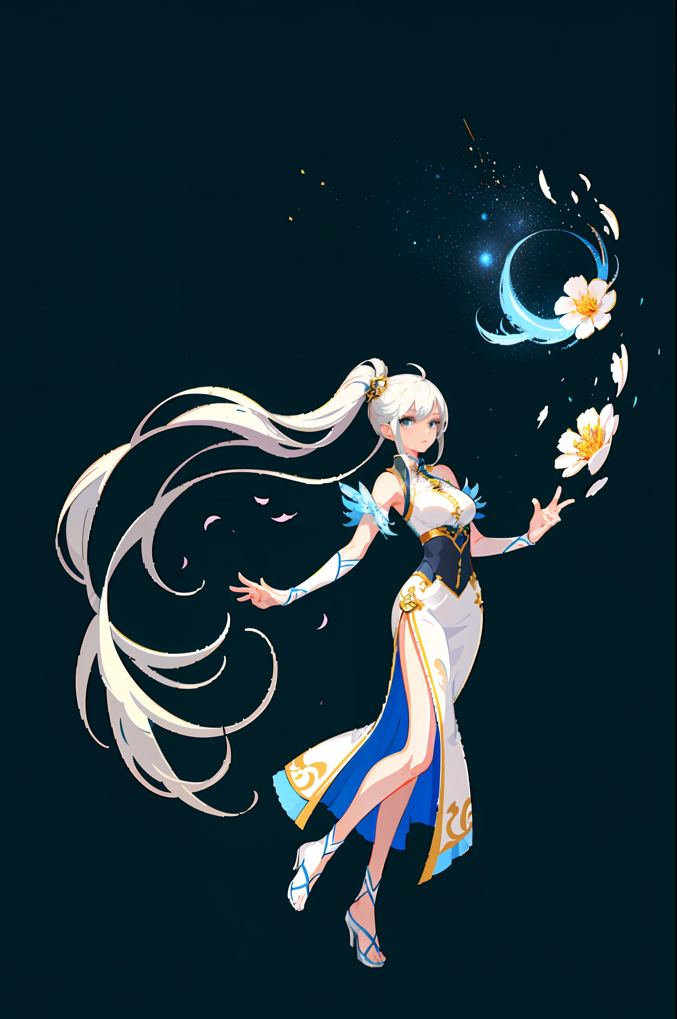 (highest quality, masterpiece, Chinese style), fairy, silver-haired woman dressed in white, galaxy fantasy, brilliant flash, 1 girl, flowing long dress, particle effect, hair swaying in the wind, flowers all over the body, simple and deep background.