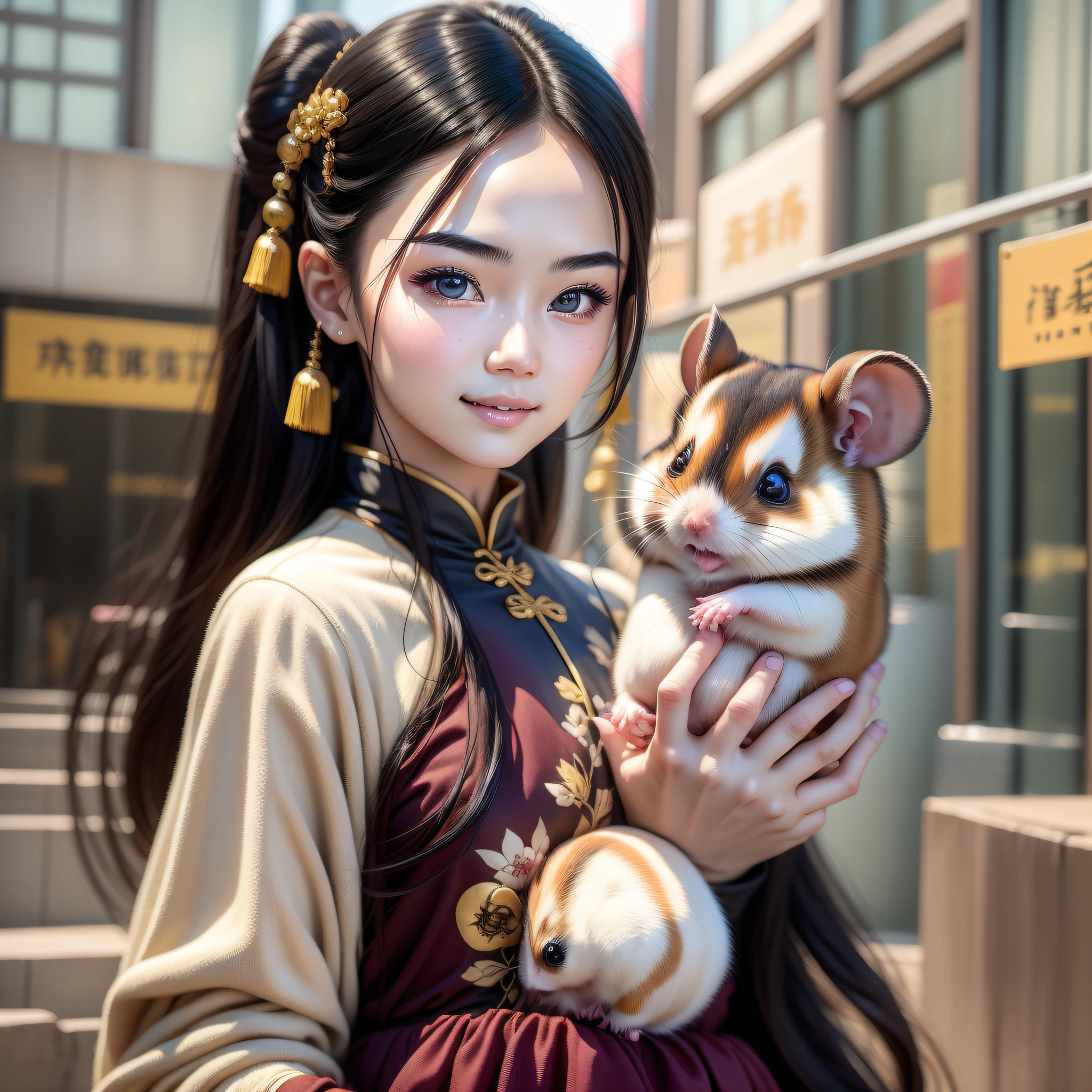 A Chinese girl, 18 years old, (holding hamster 1.3) (full body picture 1.2), beautiful eyes, real face, real skin, realistic face, realistic skin, detailed eyes, detailed facial features, detailed clothing features, (fashion hairstyle: 1.2) dynamic pose, simple background, smile, detailed face, double eyelids,