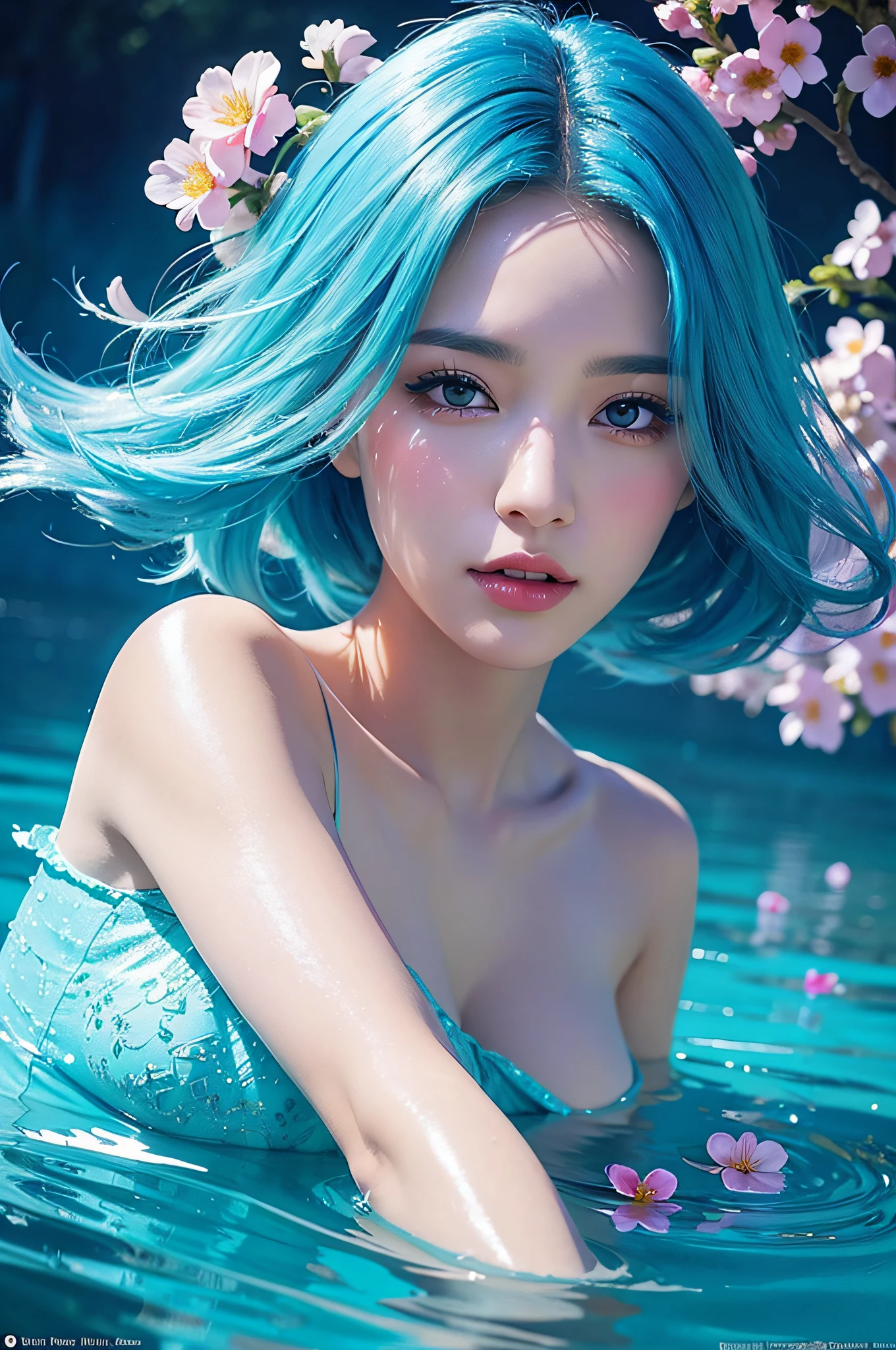 beauty with blue hair and flowers floating in water, beautiful beauty, beautiful digital illustration, beautiful artwork illustration, beautiful digital artwork, beautiful gorgeous digital art, beautiful digital art, asian female water element, gorgeous digital art, very beautiful digital art, close up fantasy with water magic, beautiful fantasy art, beautiful digital painting, beautiful digital illustration, gorgeous digital painting