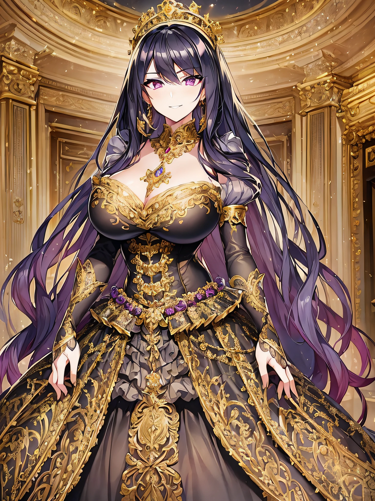 ((anime moe artstyle)),((Masterpiece)), (Best Quality), (Super Detail),(fine luminescence),Illustration,(((Very Delicate and Beautiful))),Dynamic Angle,Looking at viewer,((((Solo)))),(((Full body))),(((1 arrogant empress in gorgeous black ball gown))),(standing),dominant pose,((arrogant)),(((haughty smile))),(Purple eyes),Sharp eyes,Detailed Face, Long Eyelashes,Jet Black Hair,Straight Hair,((Very Long Hair)),((Bangs between eyes)),((gigantic breasts,Huge breasts,Bulging breasts,Long breasts)),cleavage,((skindentation)),curvy,See-through,(((luxurious lace and ruffled black and gold rococo ballgown adorned with abundant jewels and gorgeous embroidery))),(voluminous black and gold rococo dress with a flared hemline),(fluffy rococo ball gown with gorgeous embroidery and lace),((full length hoop skirt)),((gold trim)),corset,crinoline,opera gloves,Beautifully Gorgeous jeweled big tiara,Beautifully Gorgeous gem earrings,Beautifully Gorgeous jeweled necklace,Beautifully Gorgeous jeweled ornaments,light particles,indoor,royal palace,