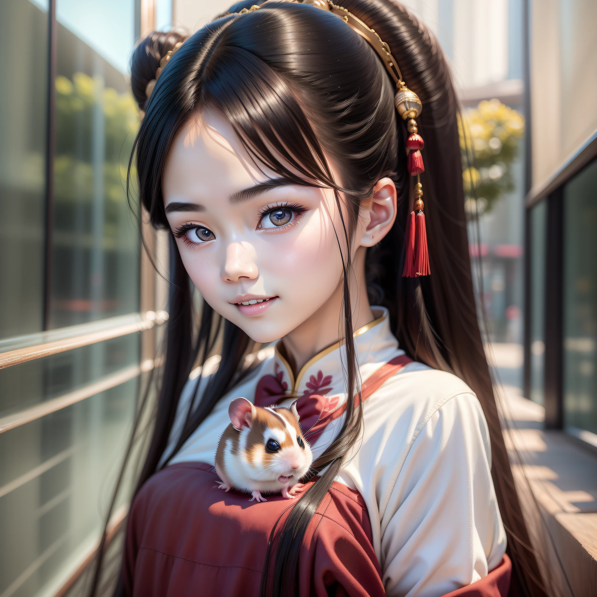 A Chinese girl, 18 years old, (holding hamster 1.3) (full body picture 1.2), beautiful eyes, real face, real skin, realistic face, realistic skin, detailed eyes, detailed facial features, detailed clothing features, (fashion hairstyle: 1.2) dynamic pose, simple background, smile, detailed face, double eyelids,