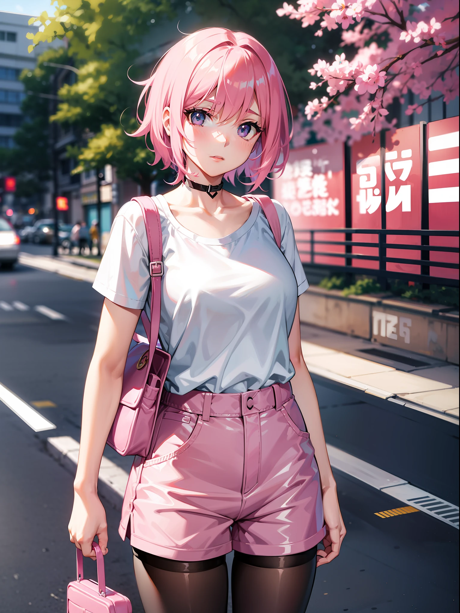 Pink hair short-haired, white collar sleeve short clothes, shorts, pantyhose, girl, outdoor, tech sneakers