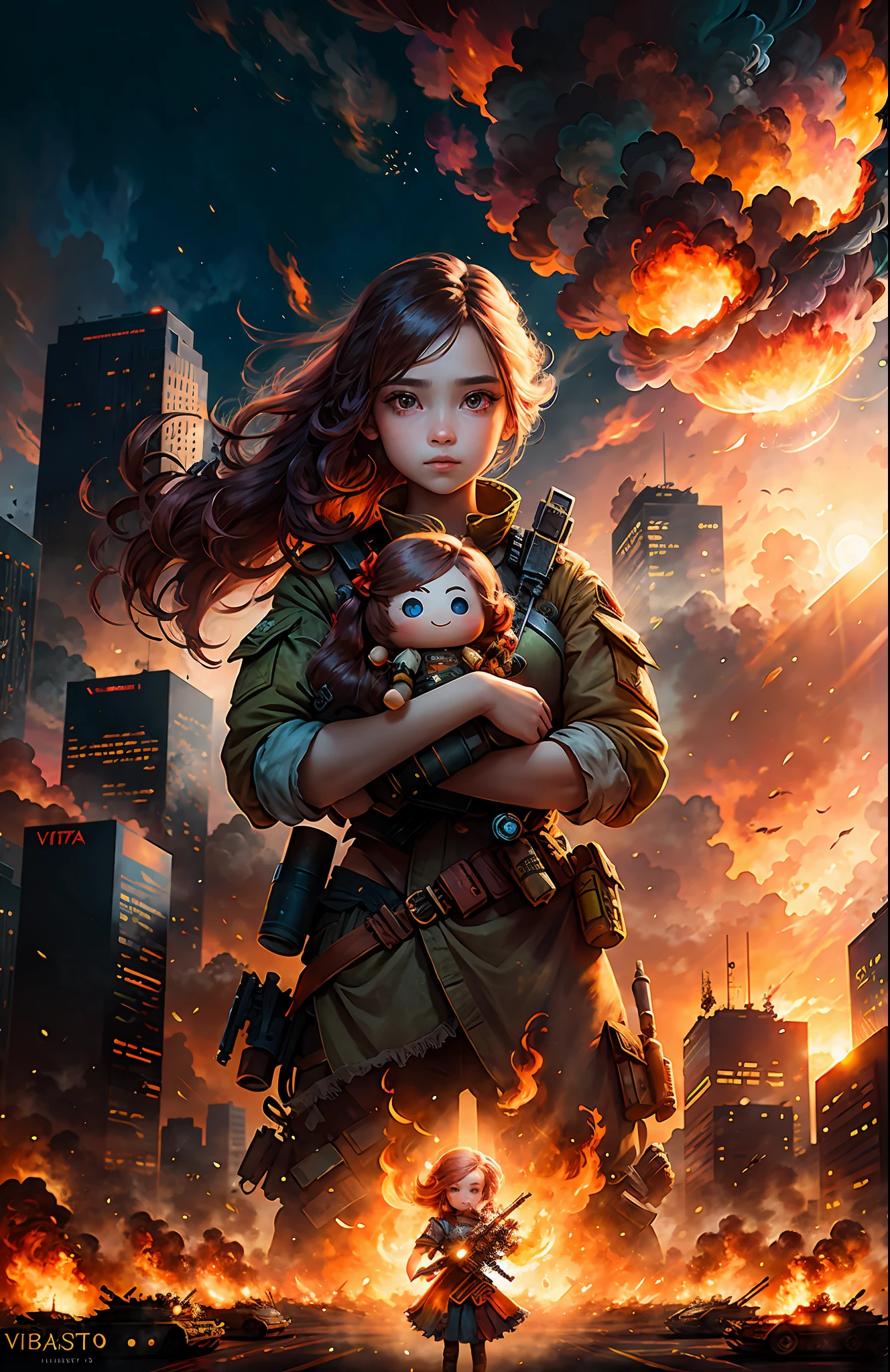 (Vista), 1 girl with hair fluttering holding doll, (sunset), masterpiece, war, disaster, explosion, burning city, tanks in confrontation, high quality, multicolored glow, ultra-realistic textures, Unreal Engine