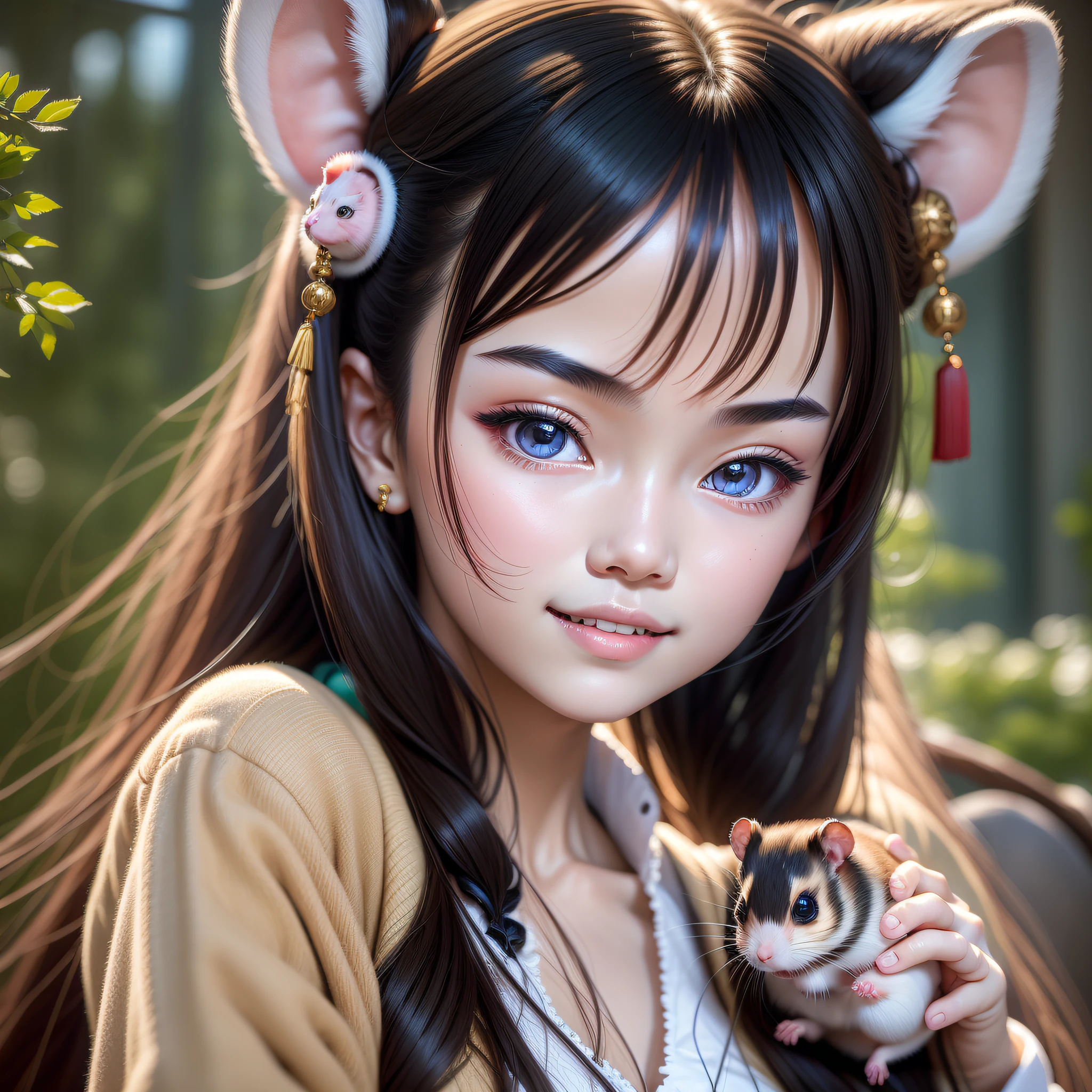 A Chinese girl, 18 years old, (holding hamster 1.3) (full body picture 1.2), beautiful eyes, real face, real skin, realistic face, realistic skin, detailed eyes, detailed facial features, detailed clothing features, (fashion hairstyle: 1.2) dynamic pose, simple background, smile, detailed face, double eyelids,