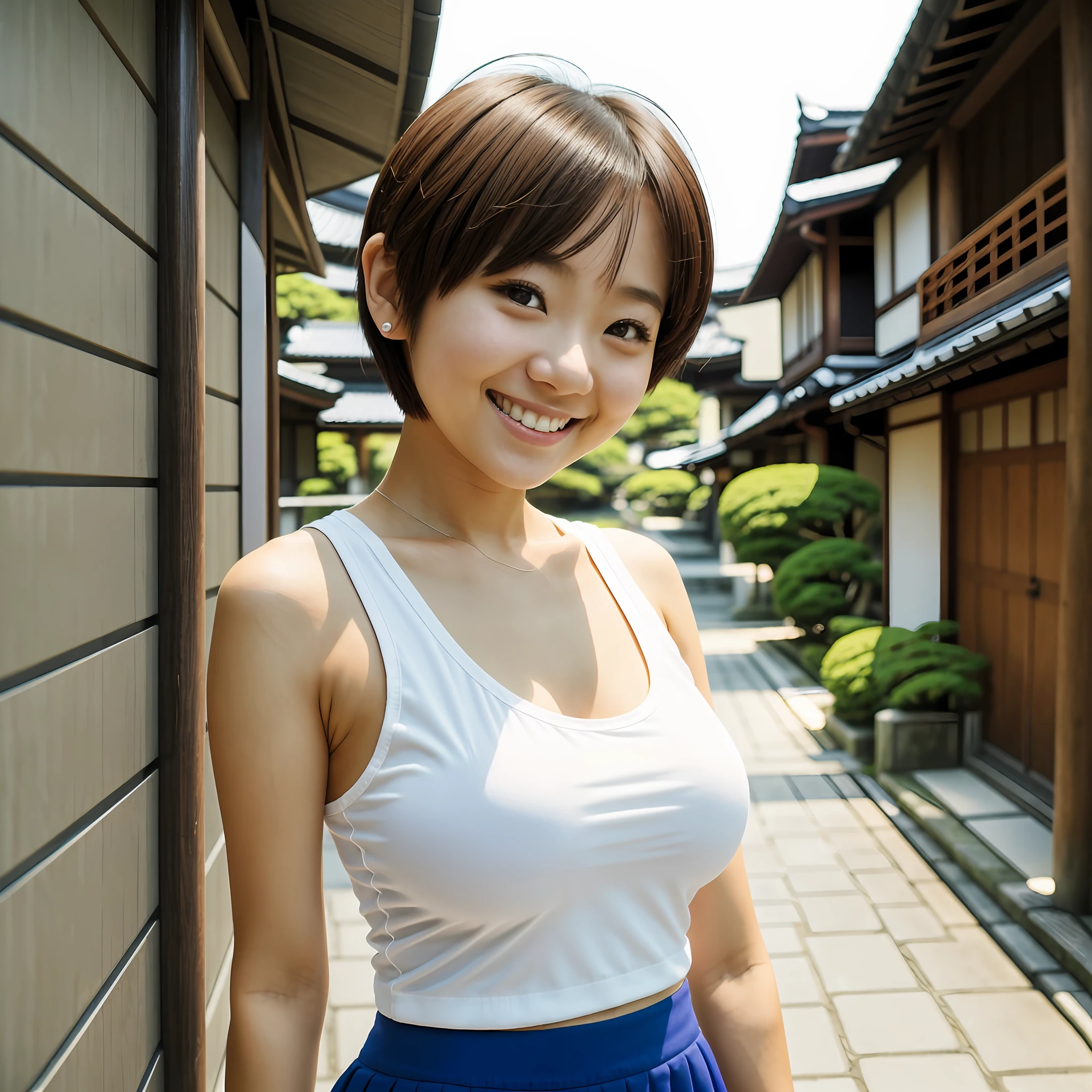 Japan beautiful girl with breasts, white tank top, short hair, mini skirt, smiling woman, --auto --s2