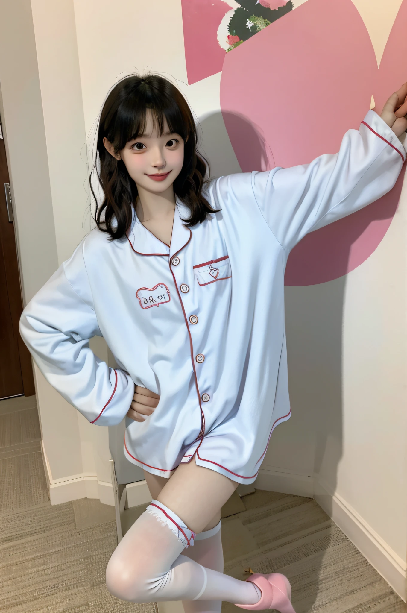 1girl, slender legs, little white shoes, shy, seductive smile, (pajamas), standing position, high knee socks, standing