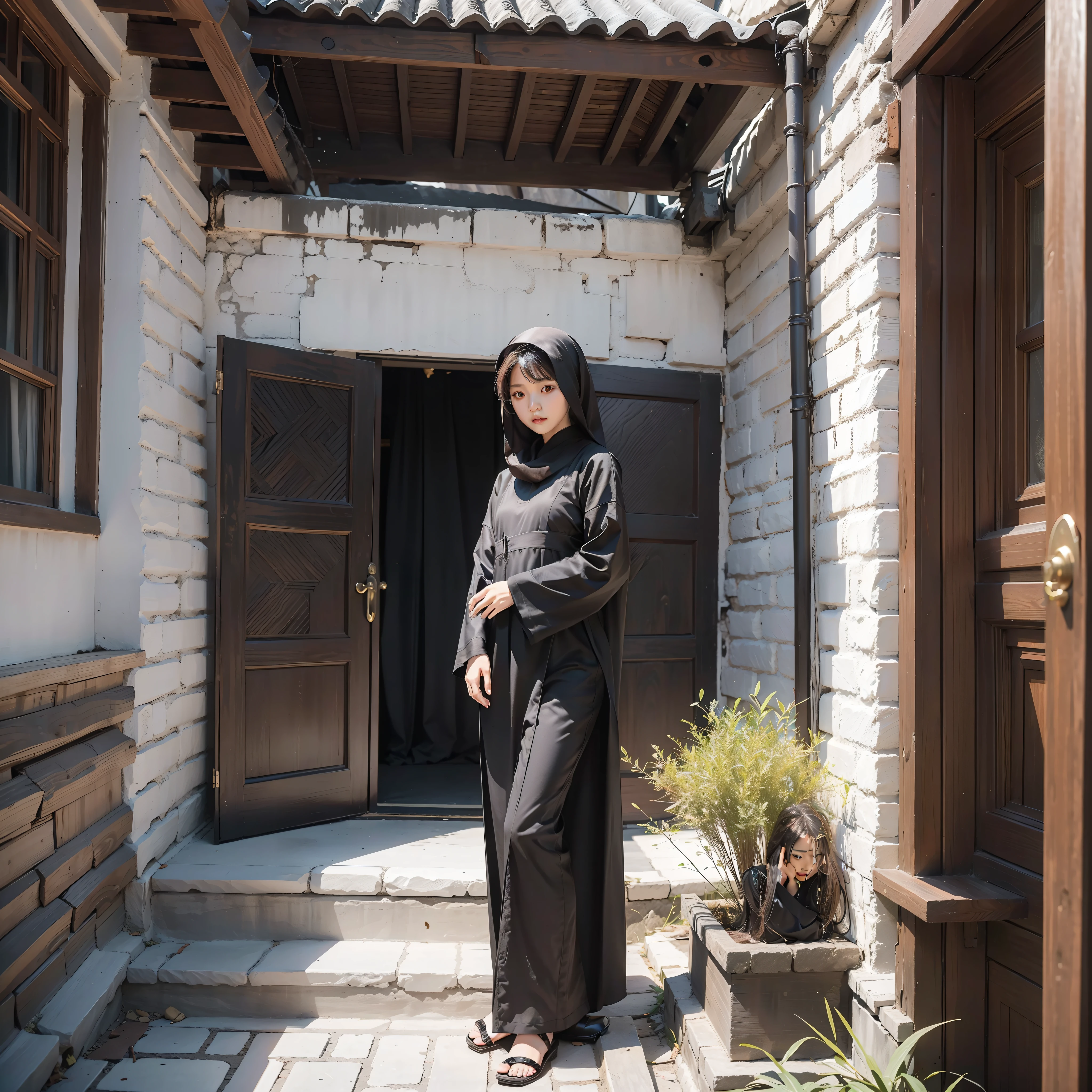 ((girl southeast asia, Indonesian girl)1girl, wearing long black abayas),background at the door is going into the house