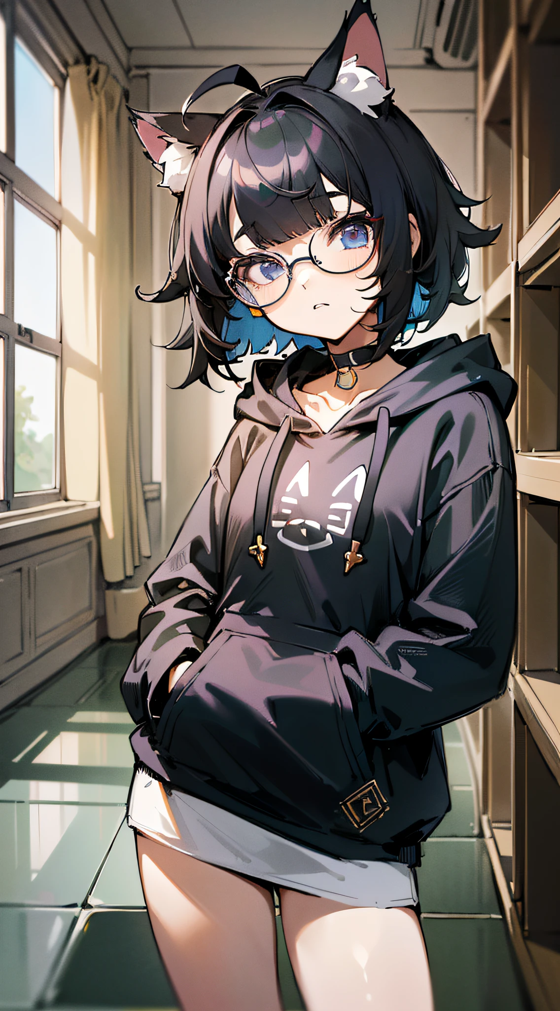 nerdy,(masterpiece,best quality,highres,ultra_detailed:1.2),
1girl,solo,flat_chest,petite,detailed_face,ahoge,detailed_eyes,
(short_chopped_hair:1.5), (cat_ears:1.1), (black_hoodie,oversized:1.2),choker,long_bangs,(hood_down),glasses,
(detailed_background),indoors