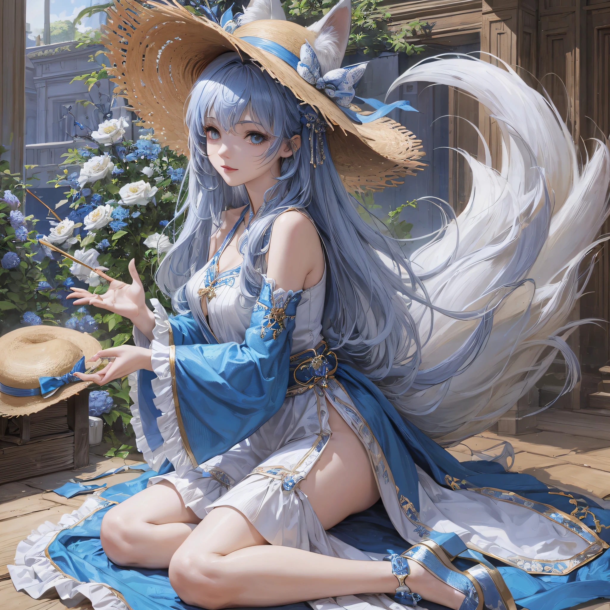 Maiden, blue-and-white costume, with a straw hat, very spiritual, fox ears, two slender tails --auto --s2