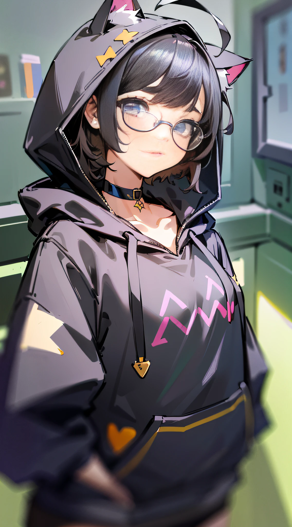 nerdy,(masterpiece,best quality,highres,ultra_detailed:1.2),
1girl,solo,flat_chest,petite,detailed_face,ahoge,detailed_eyes,
(short_chopped_hair:1.5), (cat_ears:1.1), (black_hoodie,oversized:1.2),choker,long_bangs,(hood_down),glasses,
(detailed_background),indoors