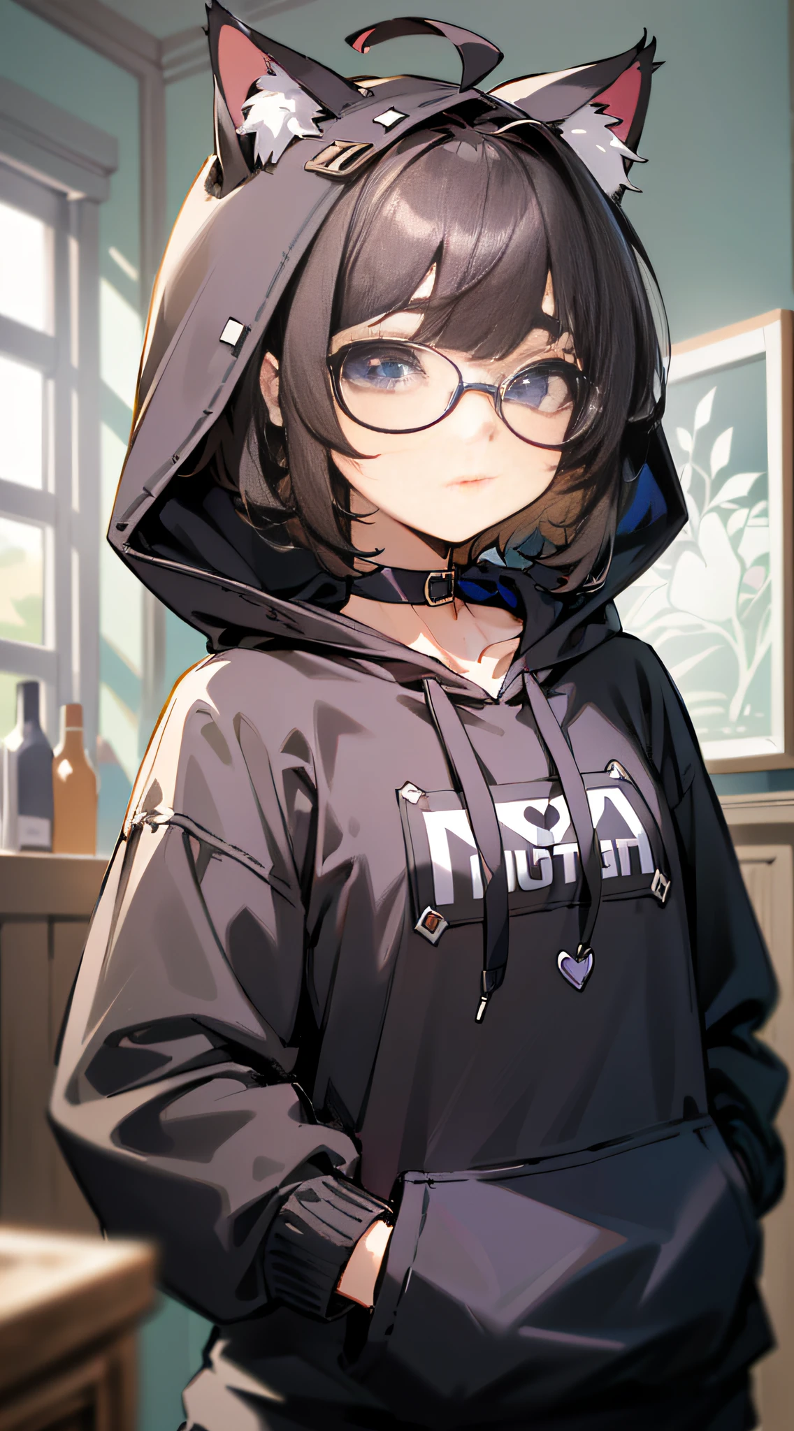 nerdy,(masterpiece,best quality,highres,ultra_detailed:1.2),
1girl,solo,flat_chest,petite,detailed_face,ahoge,detailed_eyes,
(short_chopped_hair:1.5), (cat_ears:1.1), (black_hoodie,oversized:1.2),choker,long_bangs,(hood_down),glasses,
(detailed_background),indoors