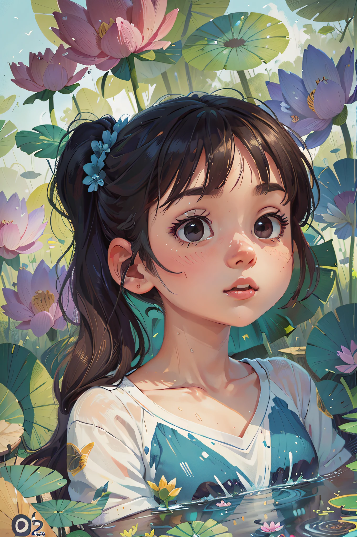 (Best Quality, Masterpiece), Vast Landscape Photo, (From below, the sky above and the lotus pond below), (A Girl, Solo: 1.2), Black Ponytail, White T-shirt, (Perfect Face, Detailed Skin, Realistic: 1.2), Character Ratio 0.6, Summer Country, (Swimming Circle: 1.4), Cool Clothes, Sweat on the Face, Delicate Beauty, Colorful, Blues Style, Cool Colors, Ultra Low Viewing Angle, Wide Angle Lens