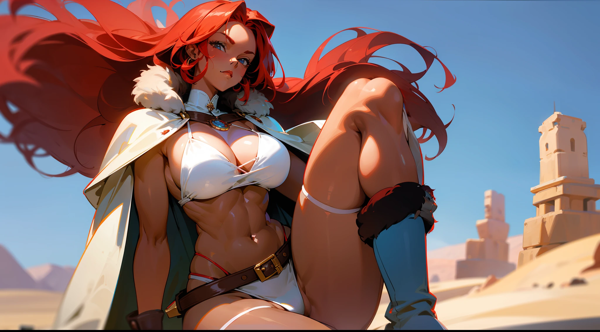 Mature woman, strong, dark skin, white bikini, long red hair, red symbol on face, large breasts, large thighs, bands on arms, belt, fur boots, light beige cape, 80s, fantasy, medieval, desert, sun, blue sky, well detailed brightness.