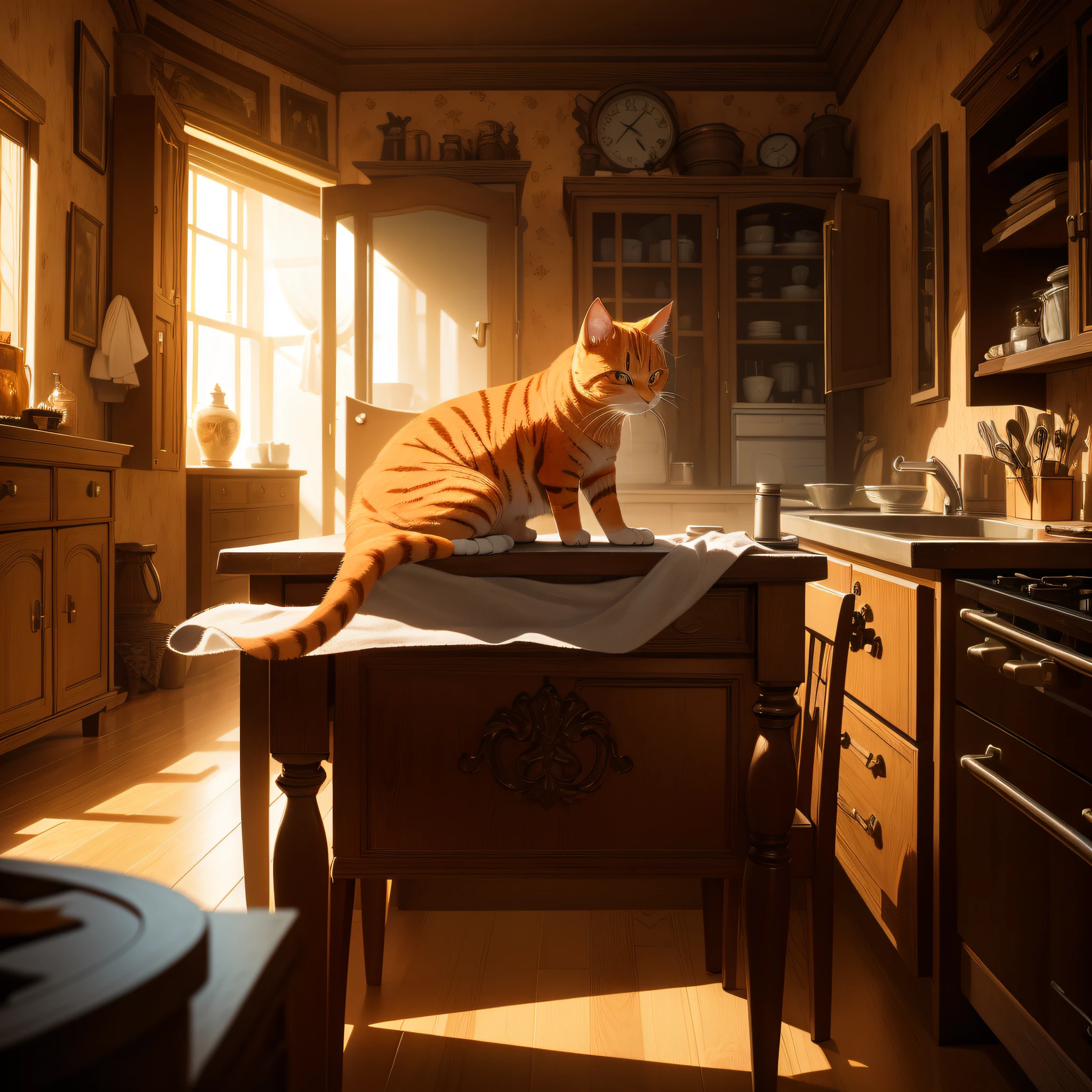 Ridiculous resolution, high resolution, (masterpiece: 1.4), hyper-detail, spooky room, orange cat lying on the kitchen