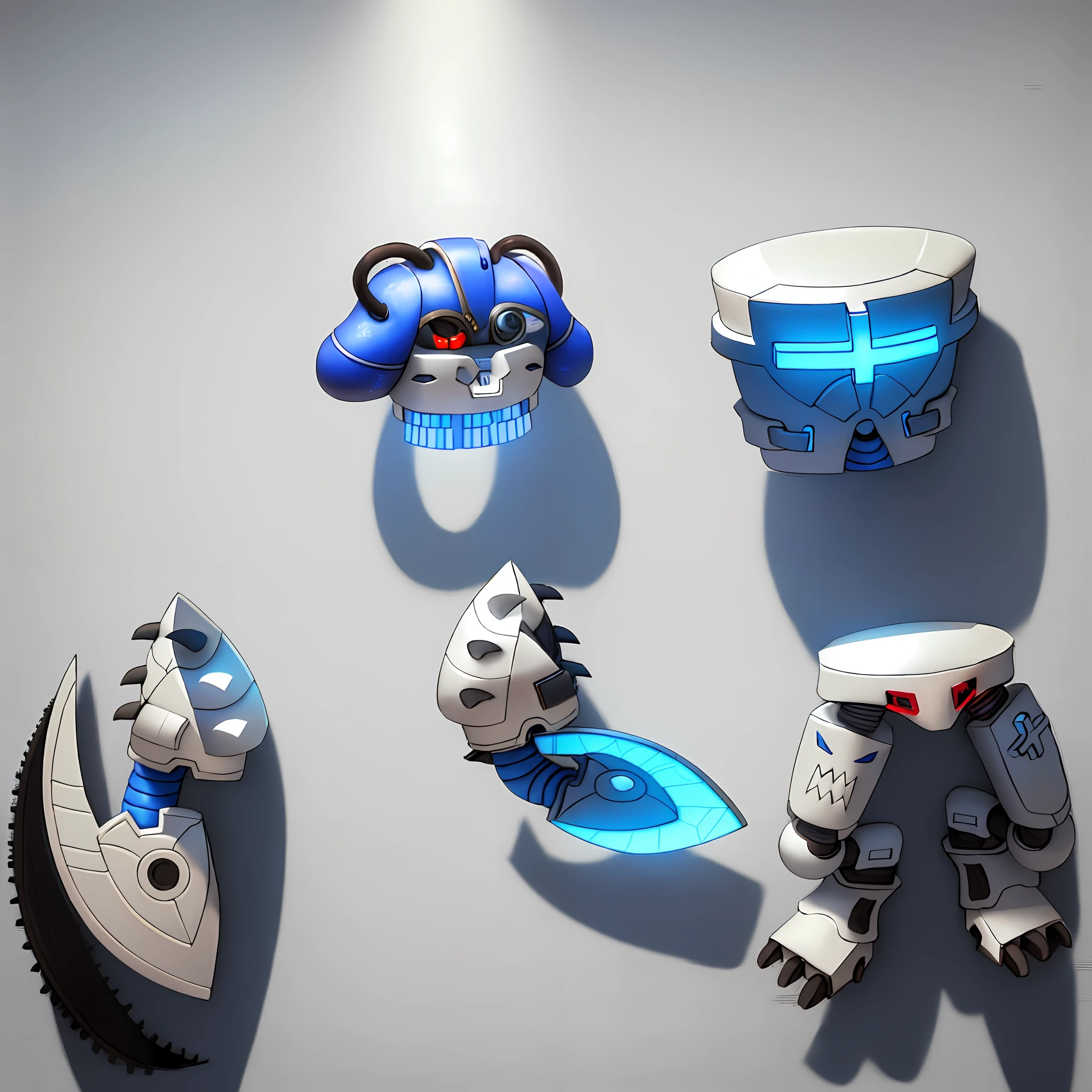 ((Very elaborate CG artwork)), on a white wall hang five sections of a robot artwork. Steampunk, partly mechanical, armor with spines. Each part has two or three colors and is woven using a 50% blue / red / white color. The whole is daytime, no depth of field, no blur, soft light --auto --s2
