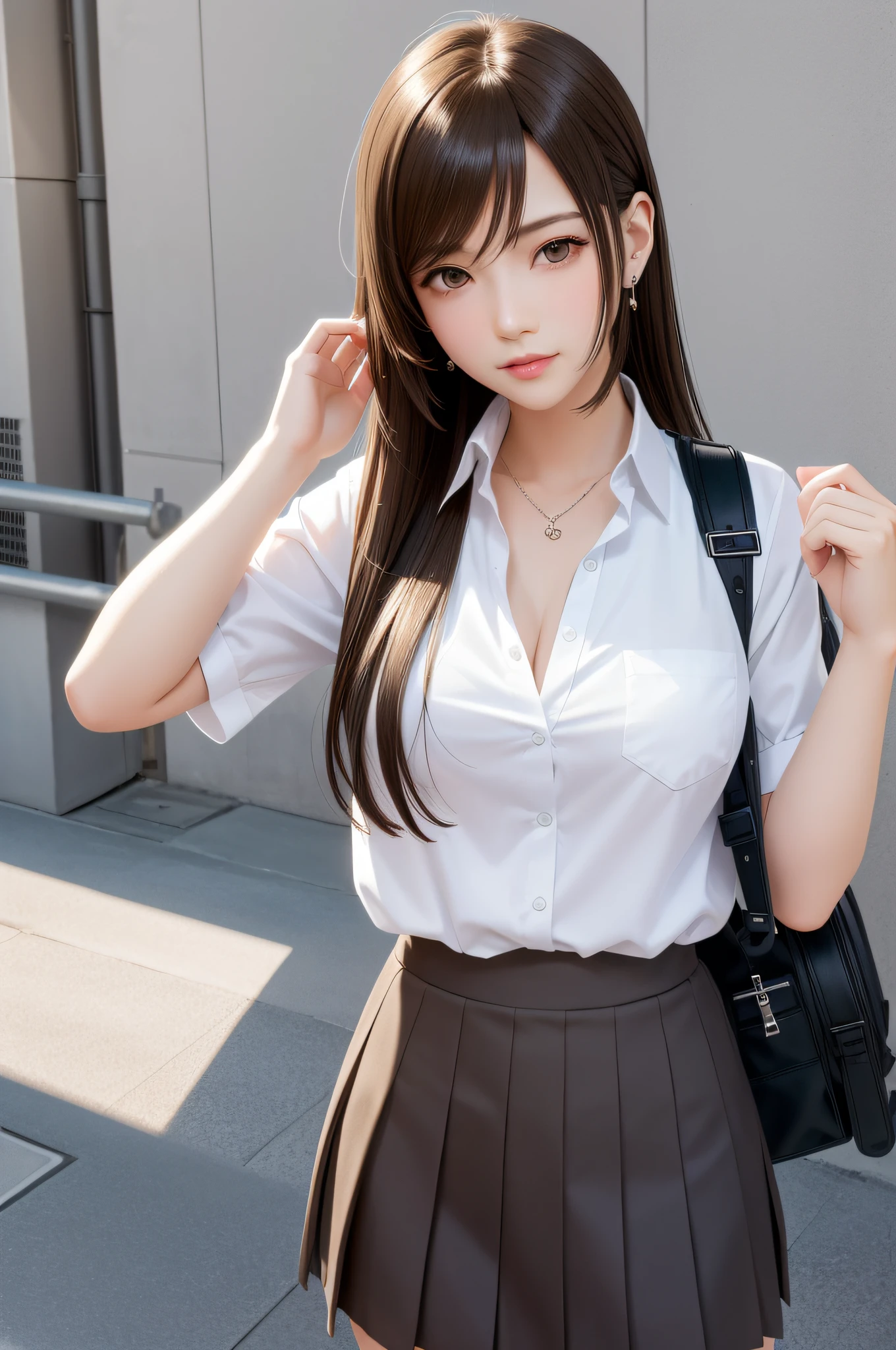(Top Quality, Masterpiece: 1.1), (Real: 1.4), BREAK (((FF7))) (((Tifa))),solo,1girl,((Light Brown Hair, Large breasts: 1.2)),(outside,school), BREAK (girl wearing school uniform:1.4, pleated skirt, button-down shirt),(No Bra) (Small and beautiful hard nipple), clothed,(shiny oiled skin: 1.4), about 18 years old,