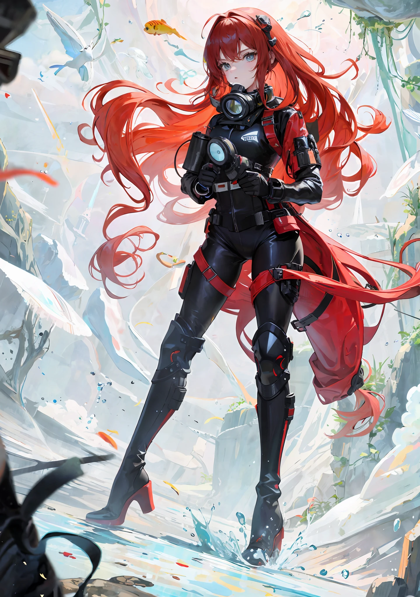 With gas mask, long red hair, bubbles, underwater, black high boots, full body, black clothes