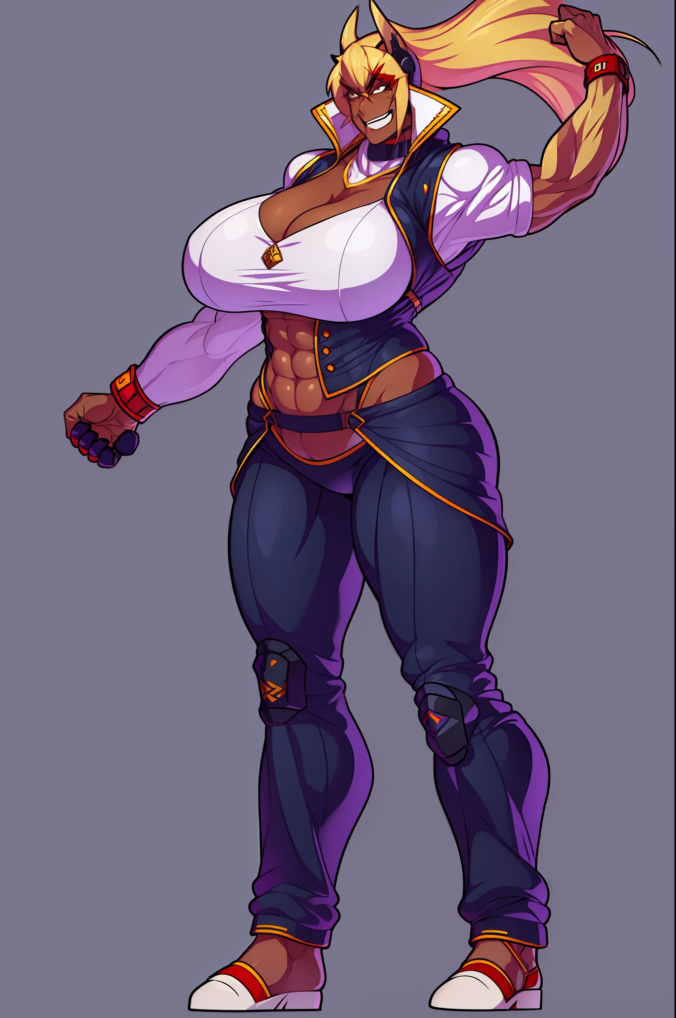 muscle girl,huge breast,, tall female, ,pants, solo focus, 1character, portrait full body,dark skinned female, , vest, coat, walking, medieval clothing, long hair, blond hair,, open mouth smile, revealing cloths, , berserker, warrior,portrait, full body, walking,lingerie