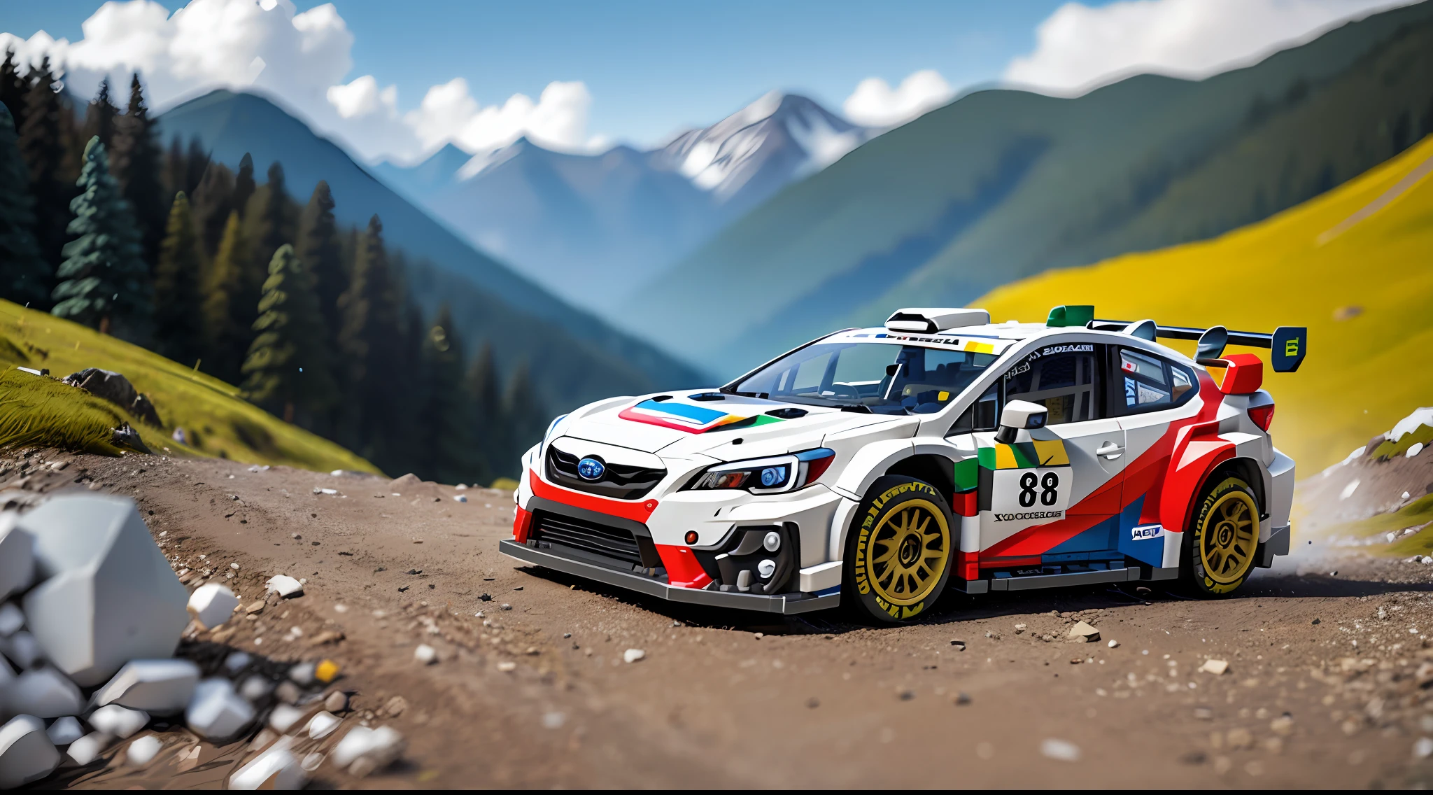 Lego style, 1 Subaru WRC race car scene in the mountains, rich color matching, blind box style, toy model, voxel, very detailed, super high resolution, 8K UHD, DSLR, , , , , q1