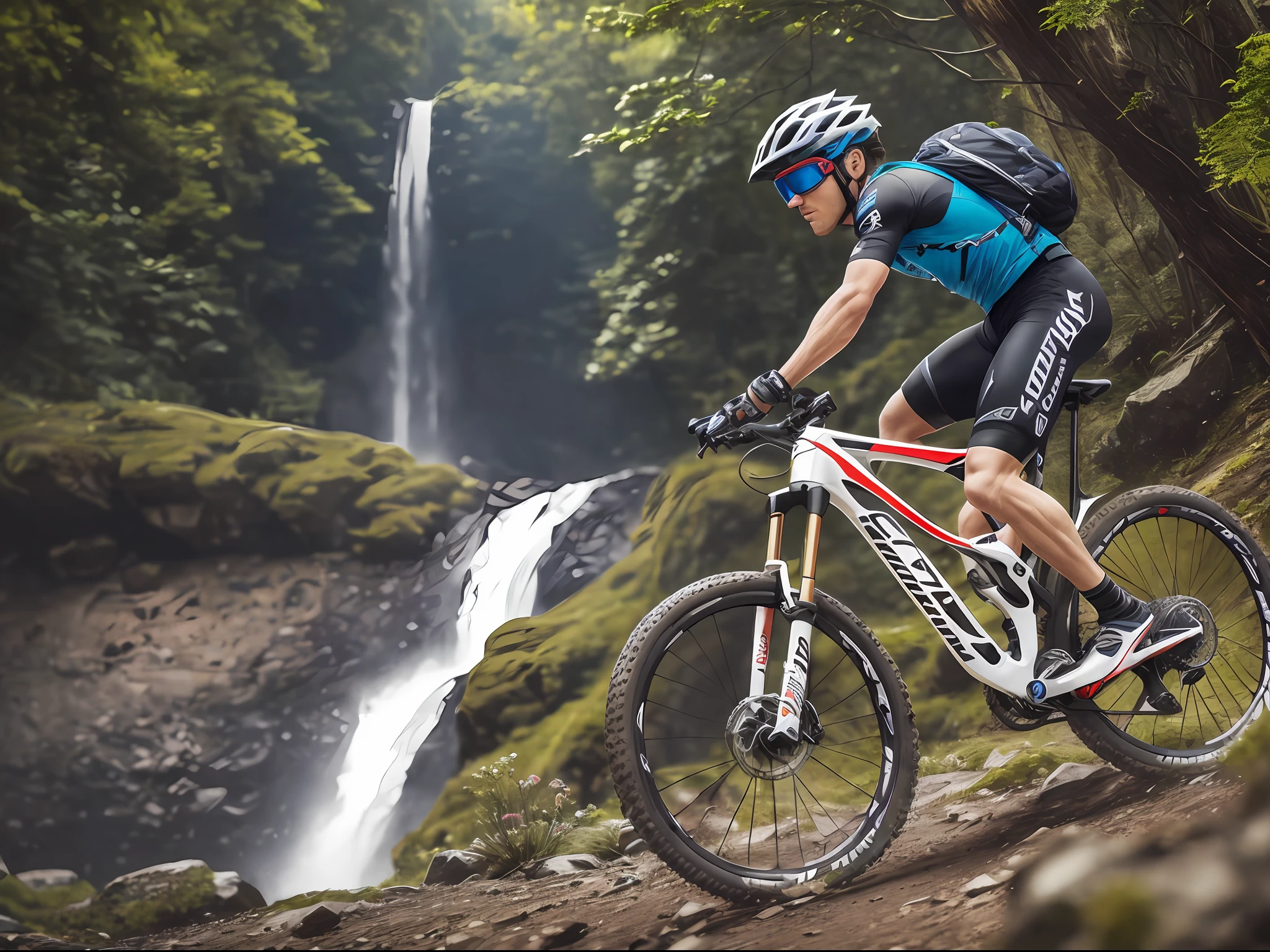 ultra-realistic ultra-detailed a male mountainbiker in nature, (((full body)))), helmet cycling, cycling clothing, sunglasses, waterfall, exquisite details, blurred background. --auto --s2