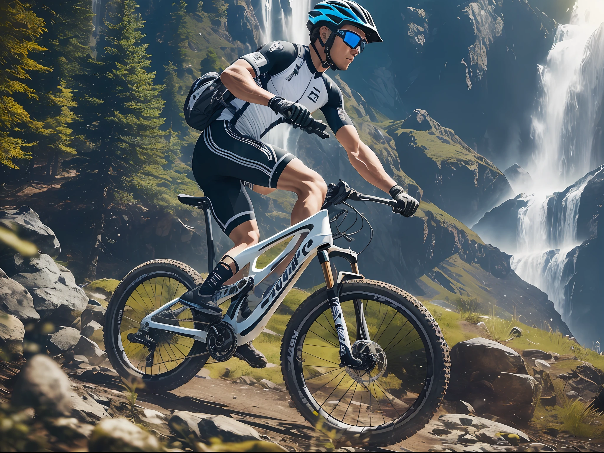 ultra-realistic ultra-detailed a male mountainbiker in nature, (((full body)))), helmet cycling, cycling clothing, sunglasses, waterfall, exquisite details, blurred background. --auto --s2